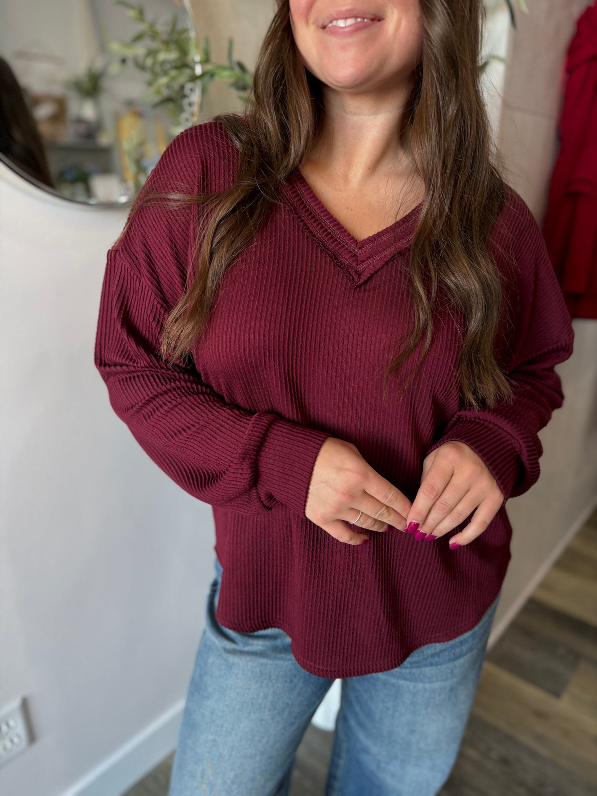 Burgundy V-Neck Textured Top