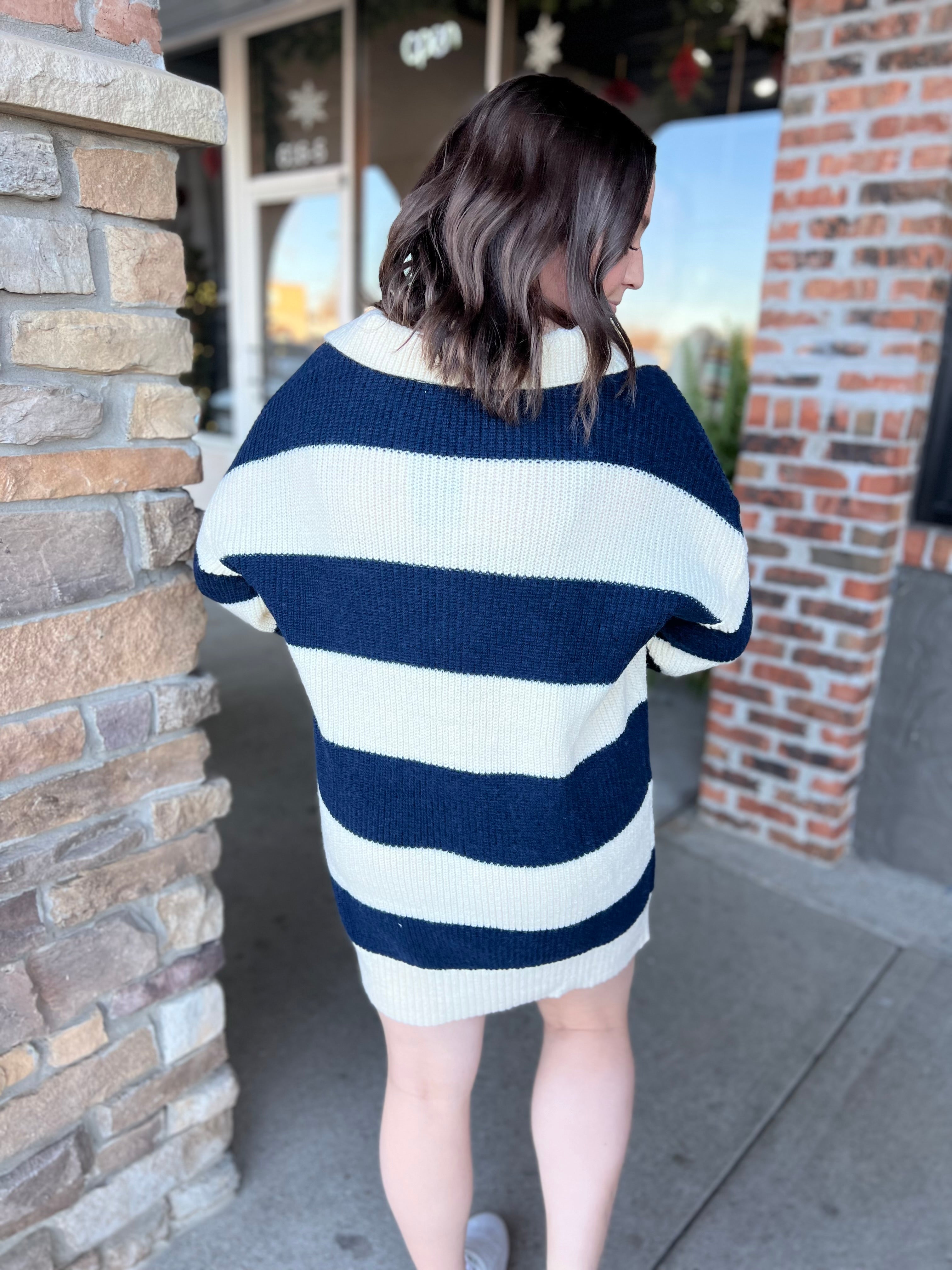 Navy Stripe Collared Sweater Dress