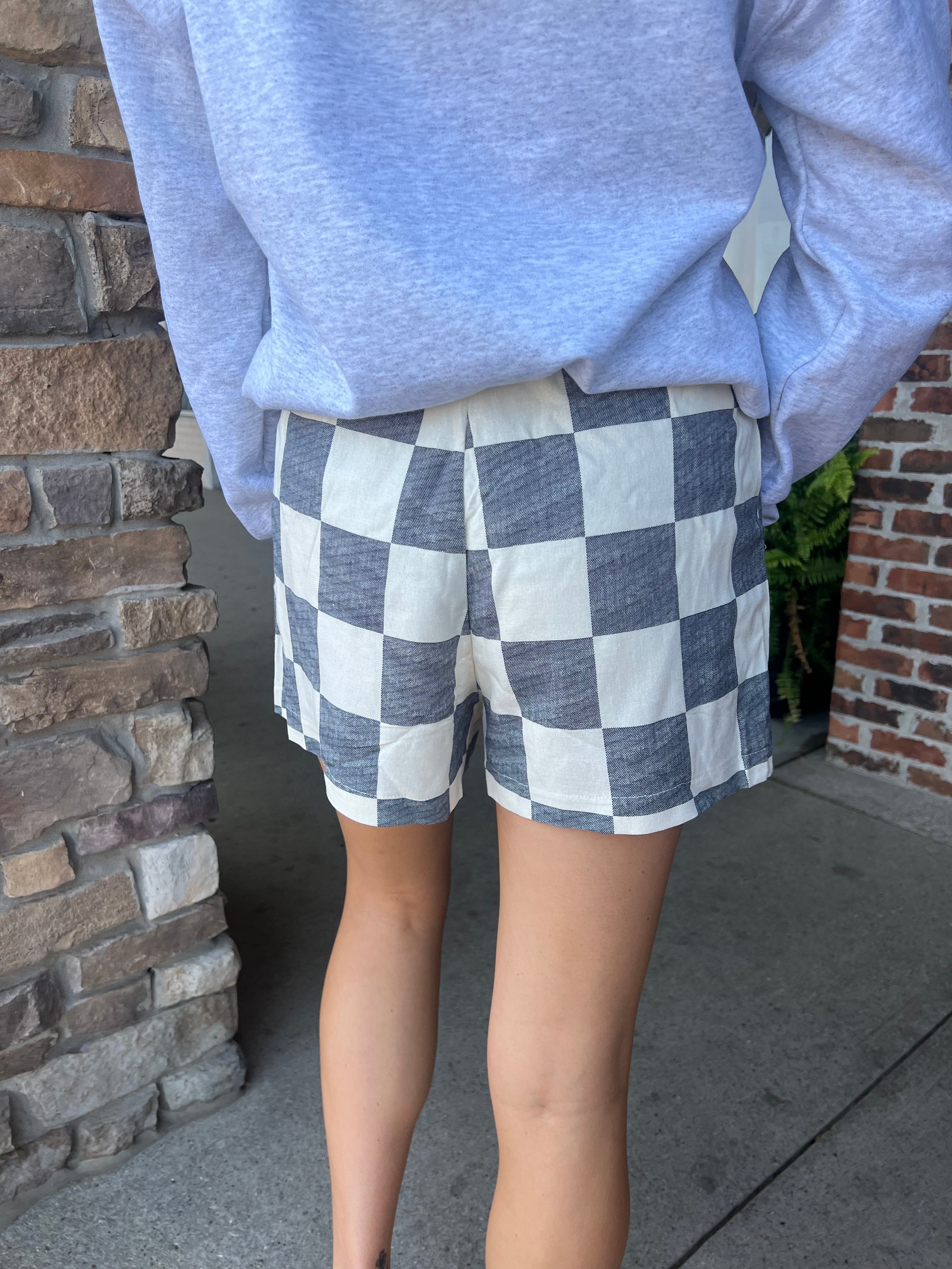 Navy Checkered Linen Shorts
