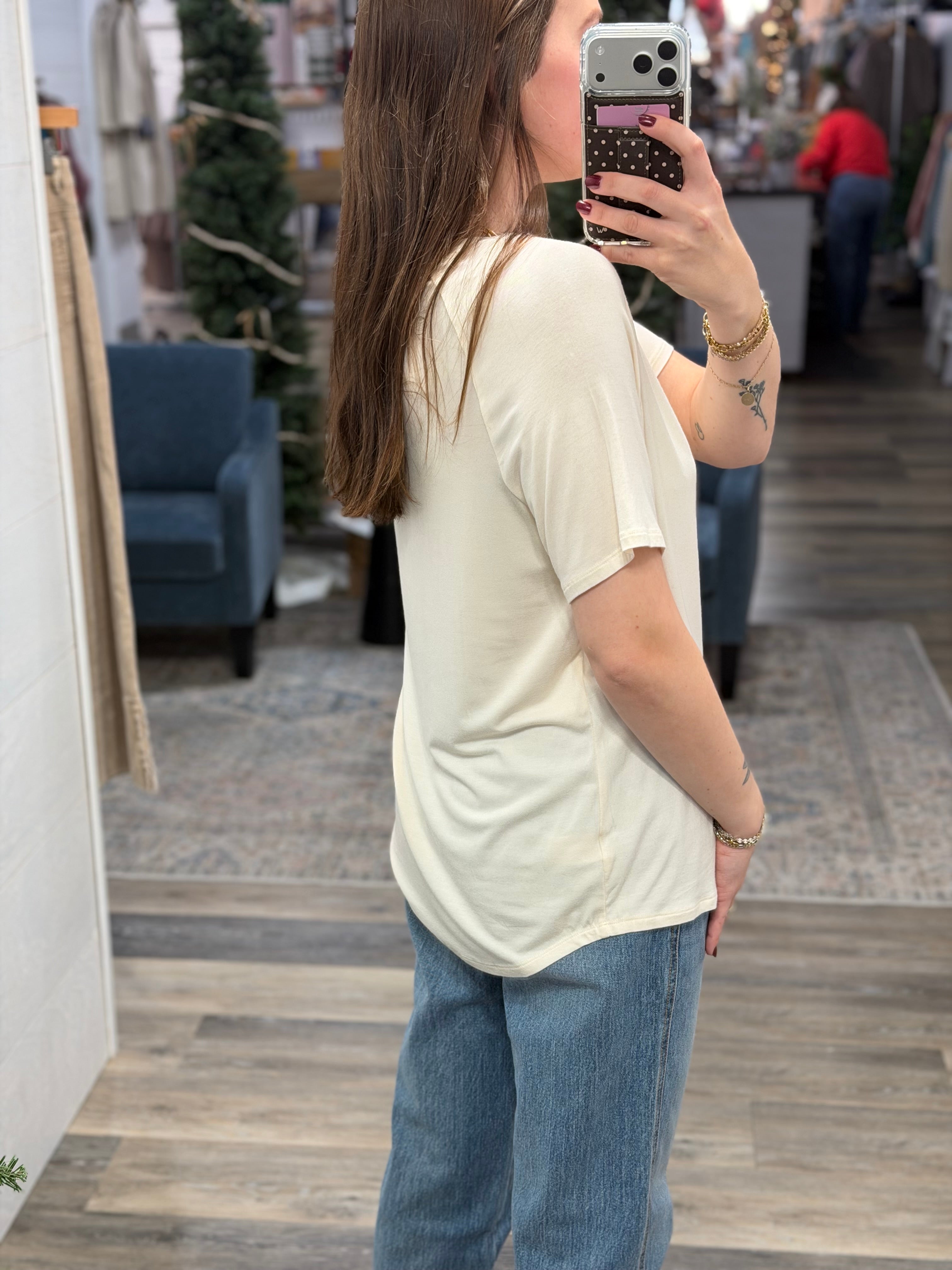 Cream Short Sleeve V-Neck Top - FINAL SALE