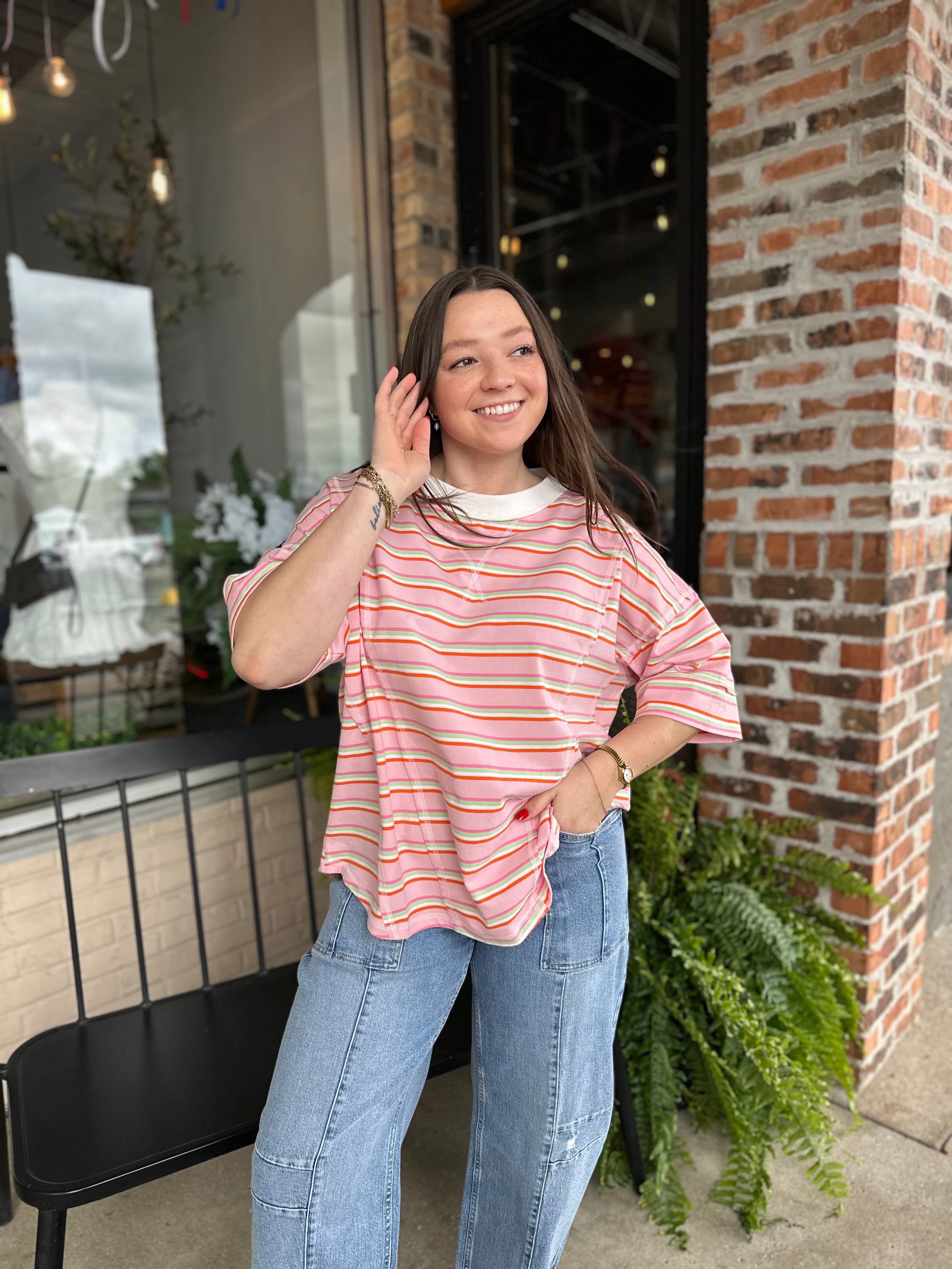 Pink Striped Oversized Short Sleeve Top
