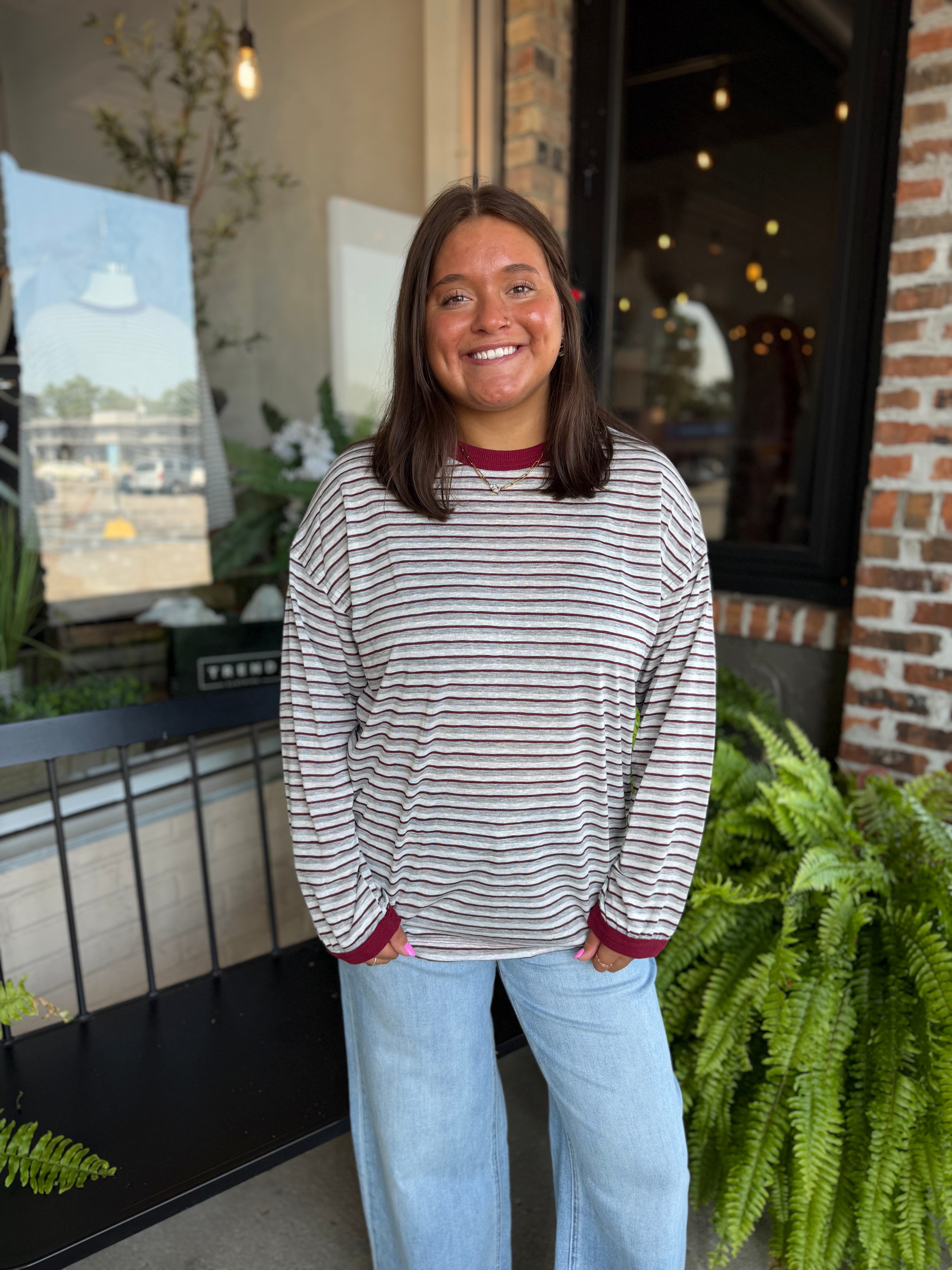 Burgundy Striped Jersey Long Sleeve Top