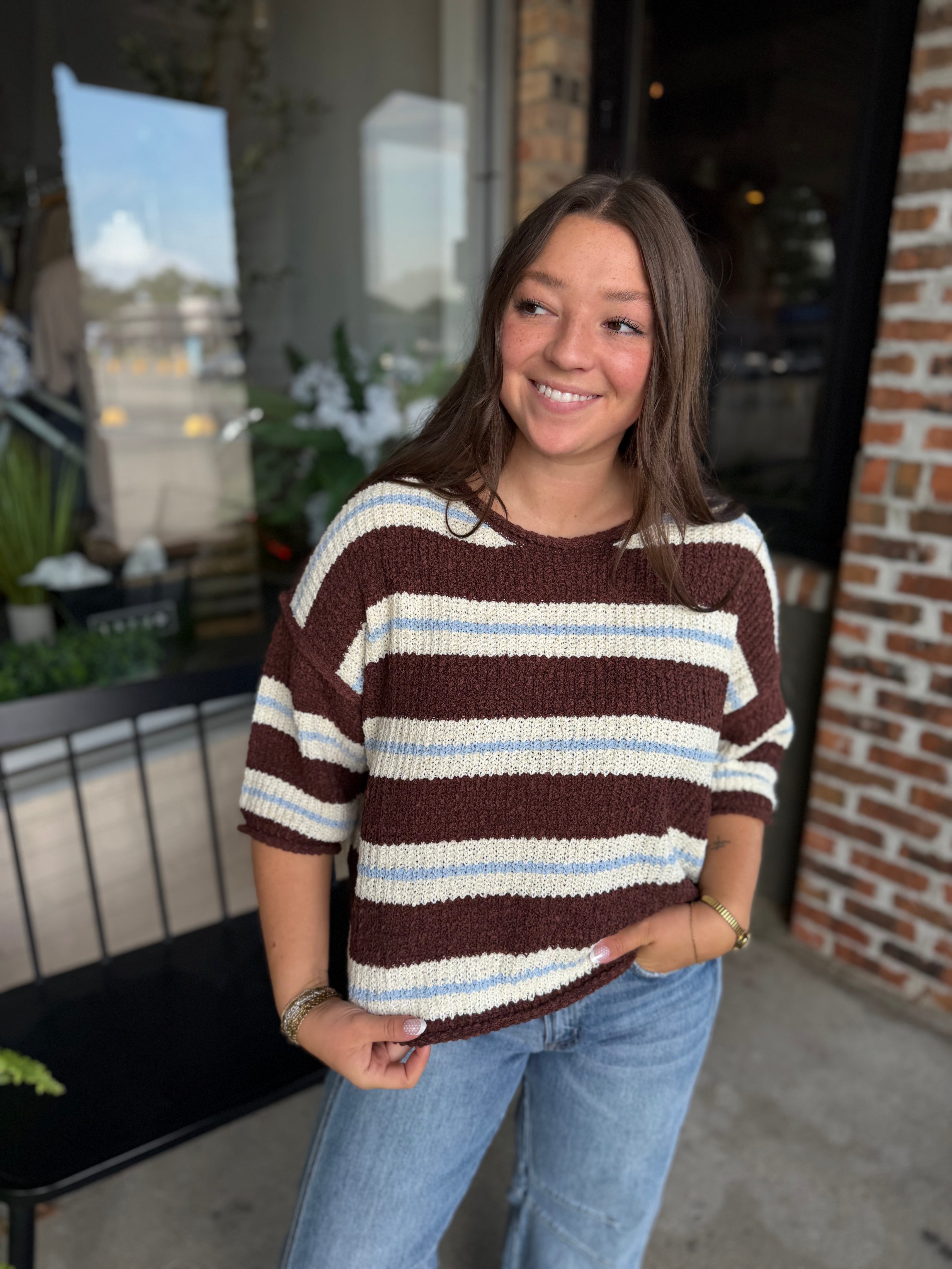 Brown Blue 3/4 Sleeve Striped Sweater