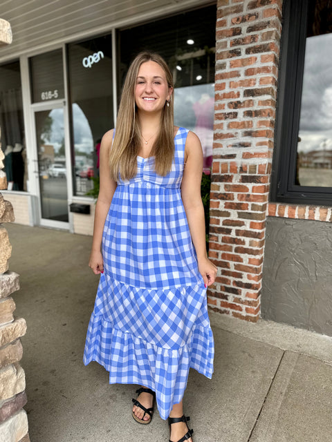 dark blue gingham dress Sabrina