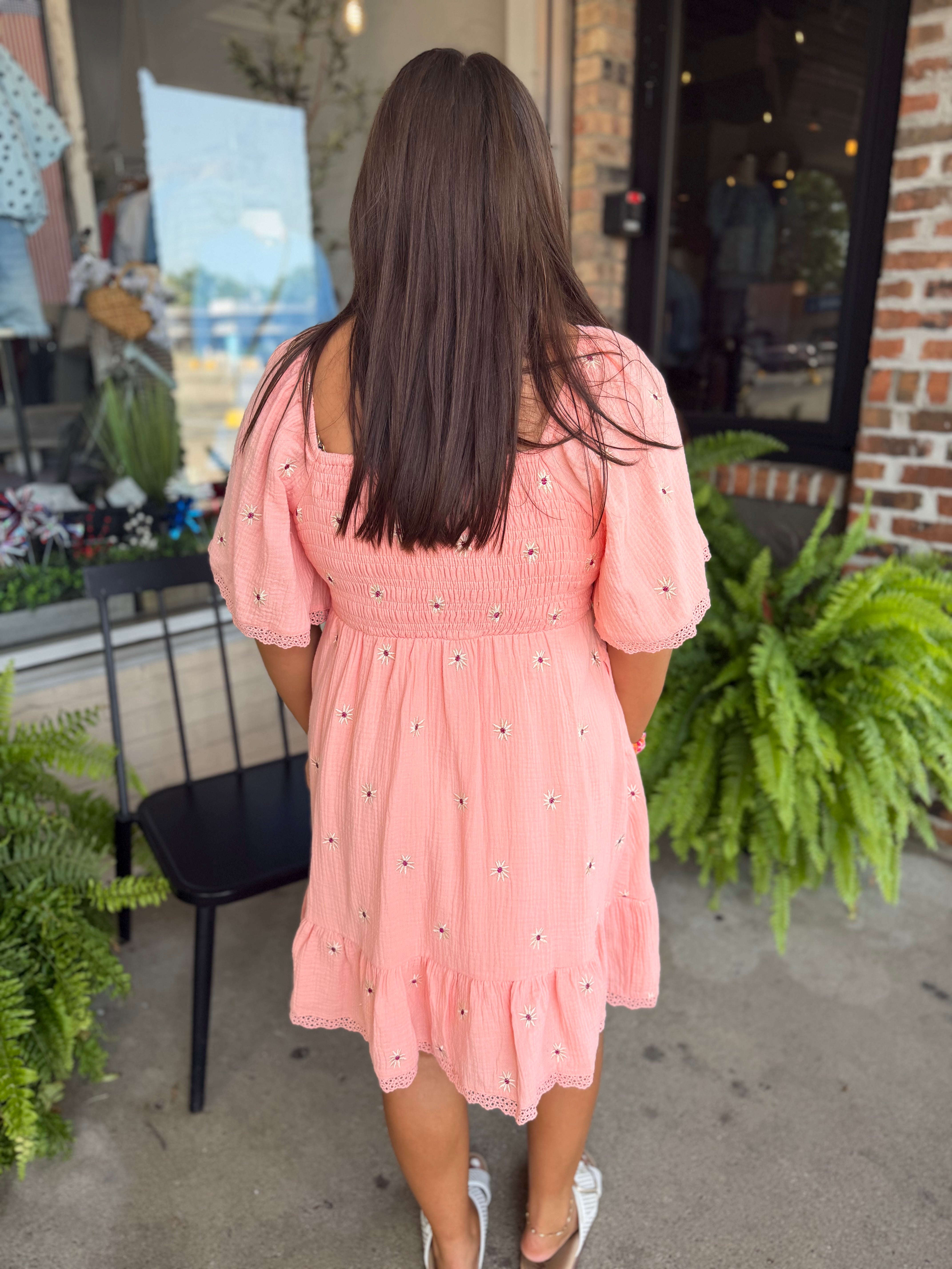 Pink Gauze Floral Embroidered Dress