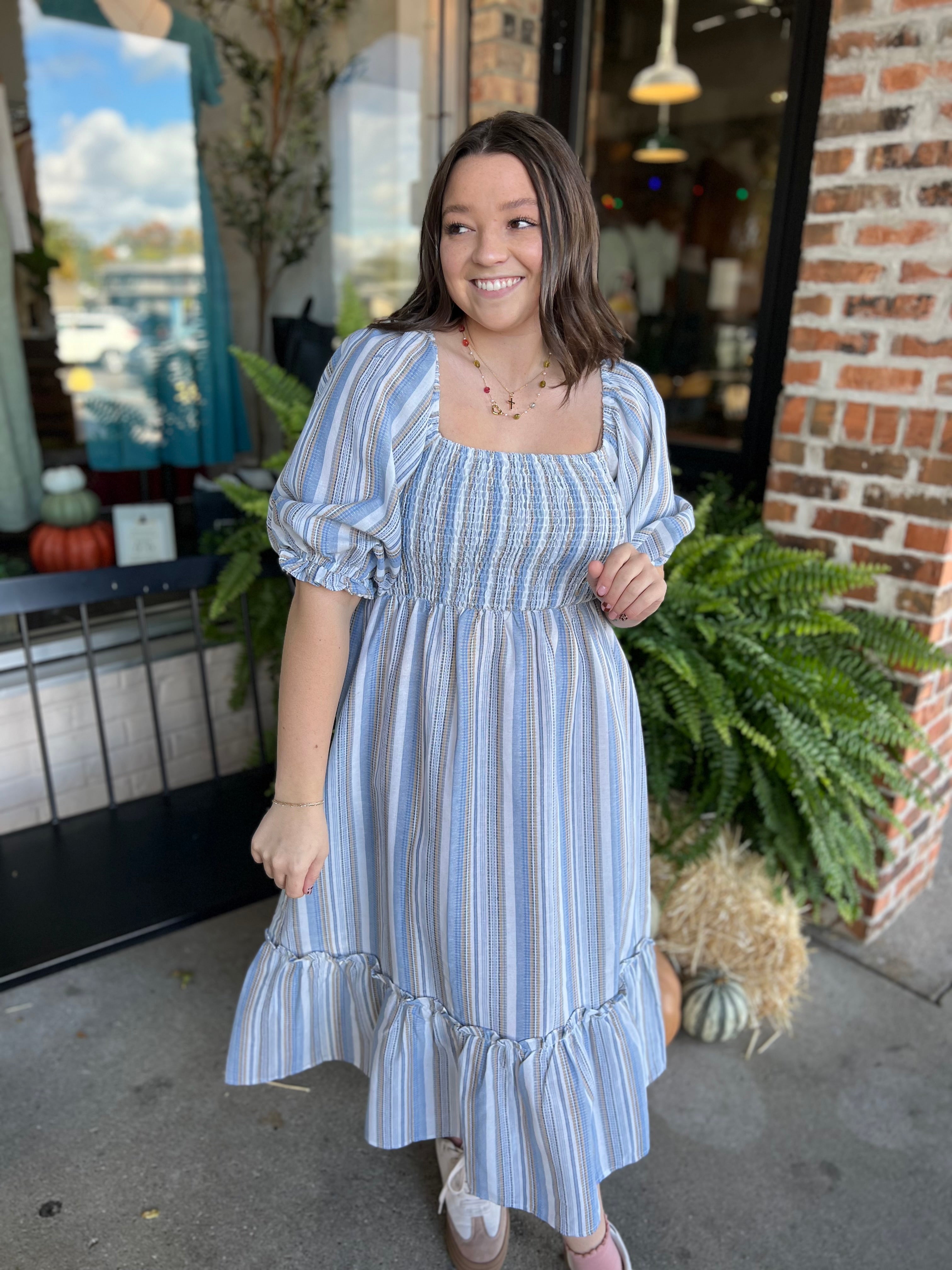 Blue Striped Puff Sleeve Dress