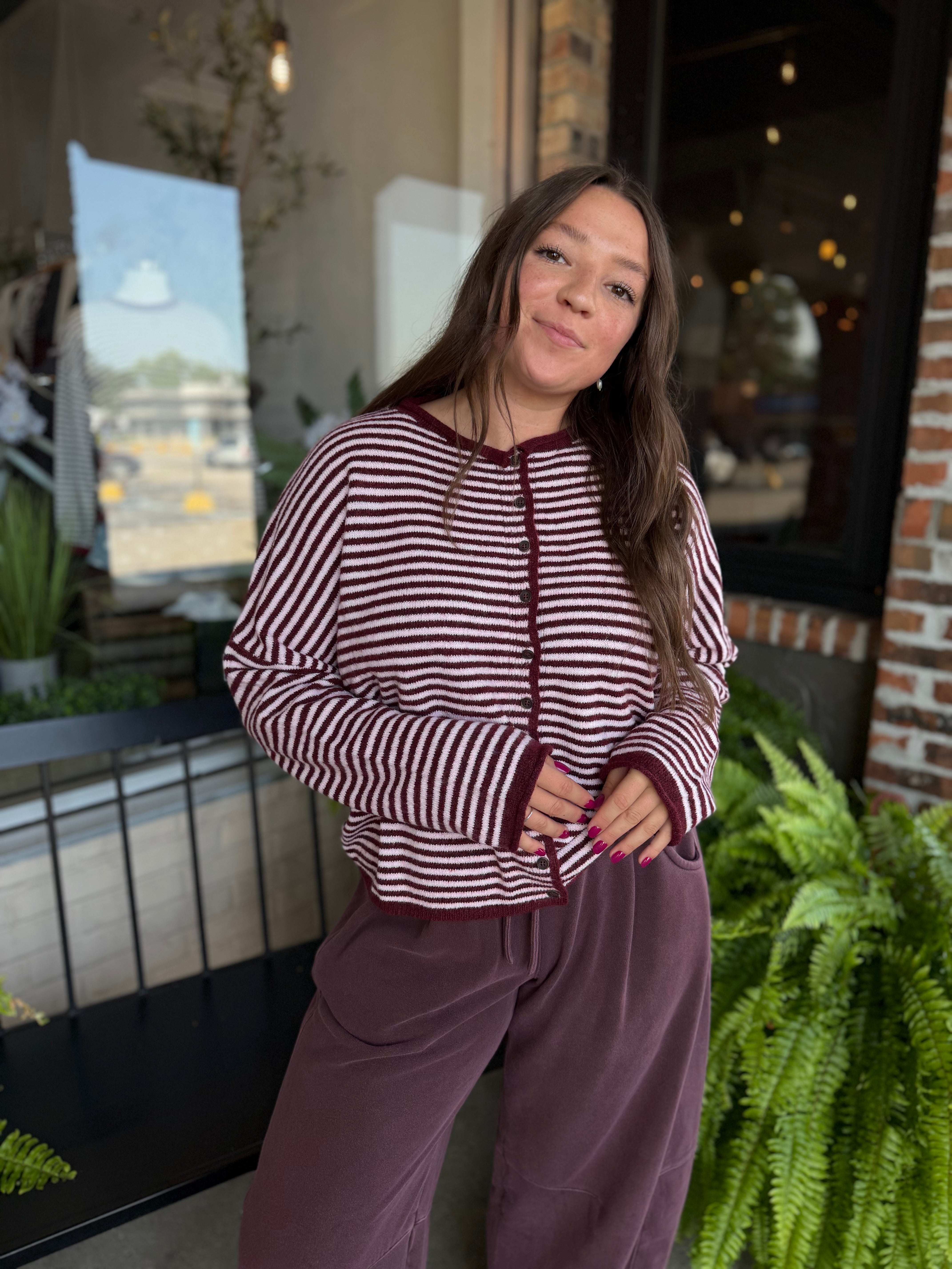Burgundy Stripe Raw Edge Sweater