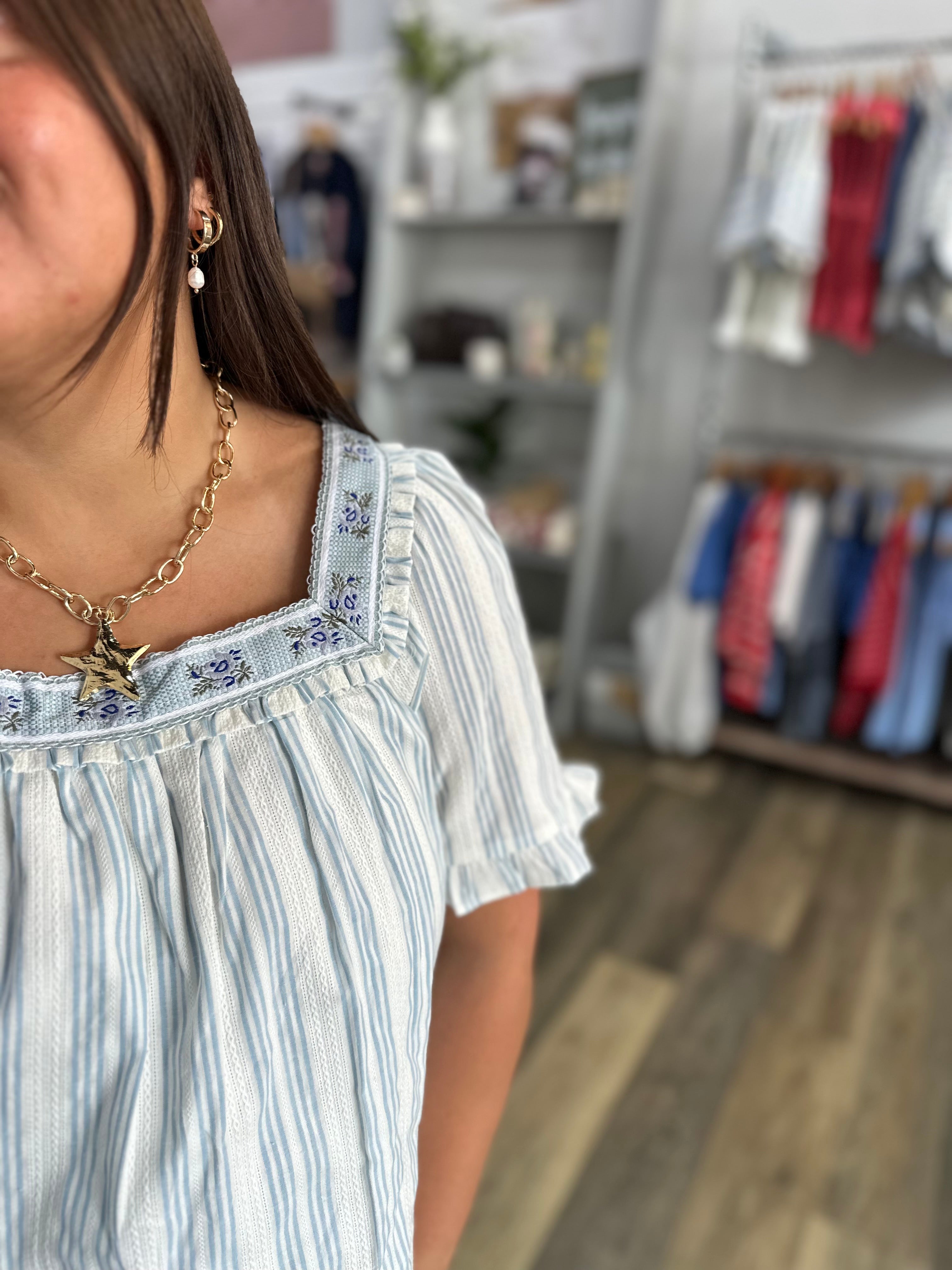 Blue Jacquard Tape Trimmed Striped Eyelet Top