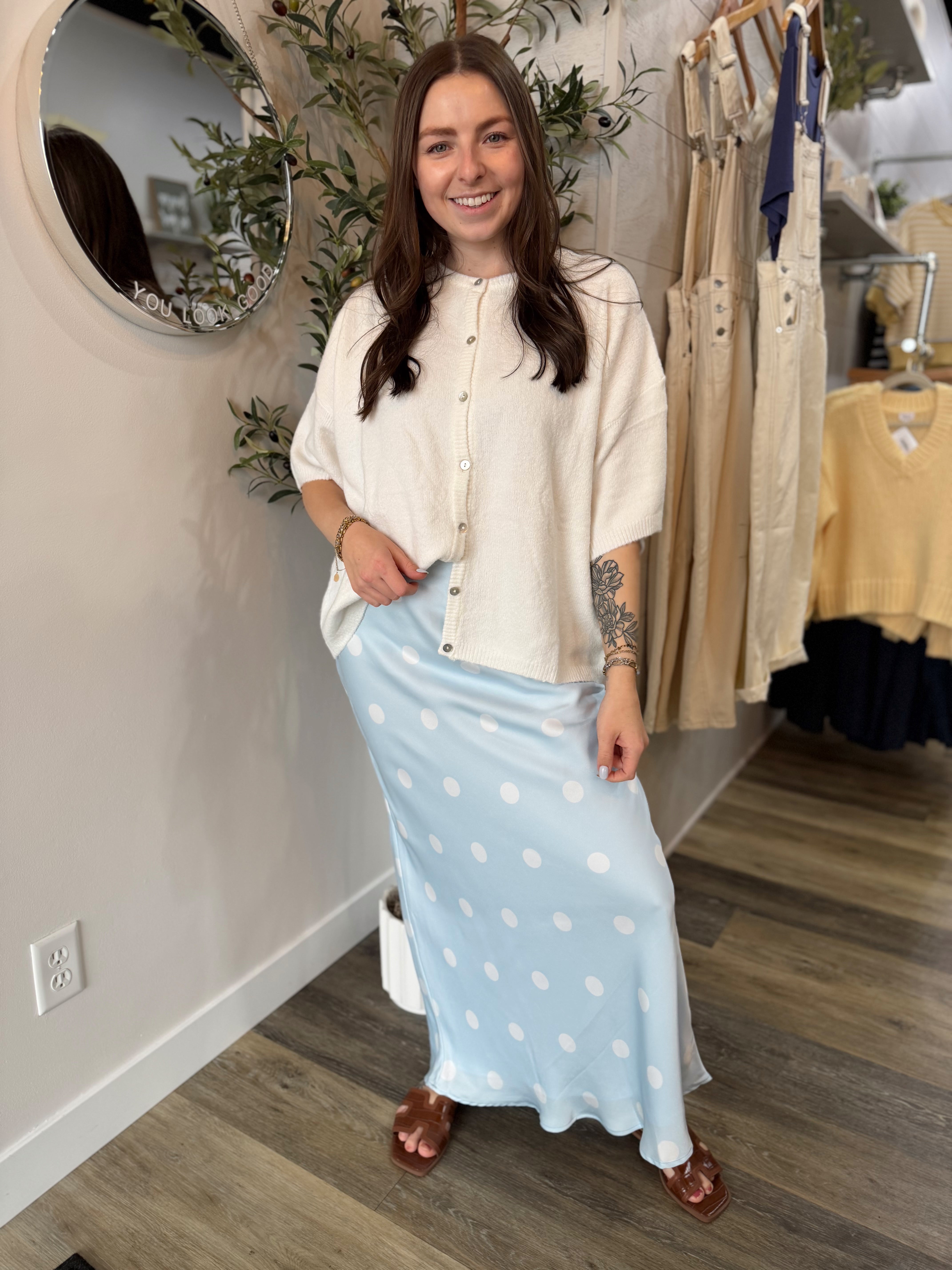 Blue Satin Midi Polka Dot Skirt