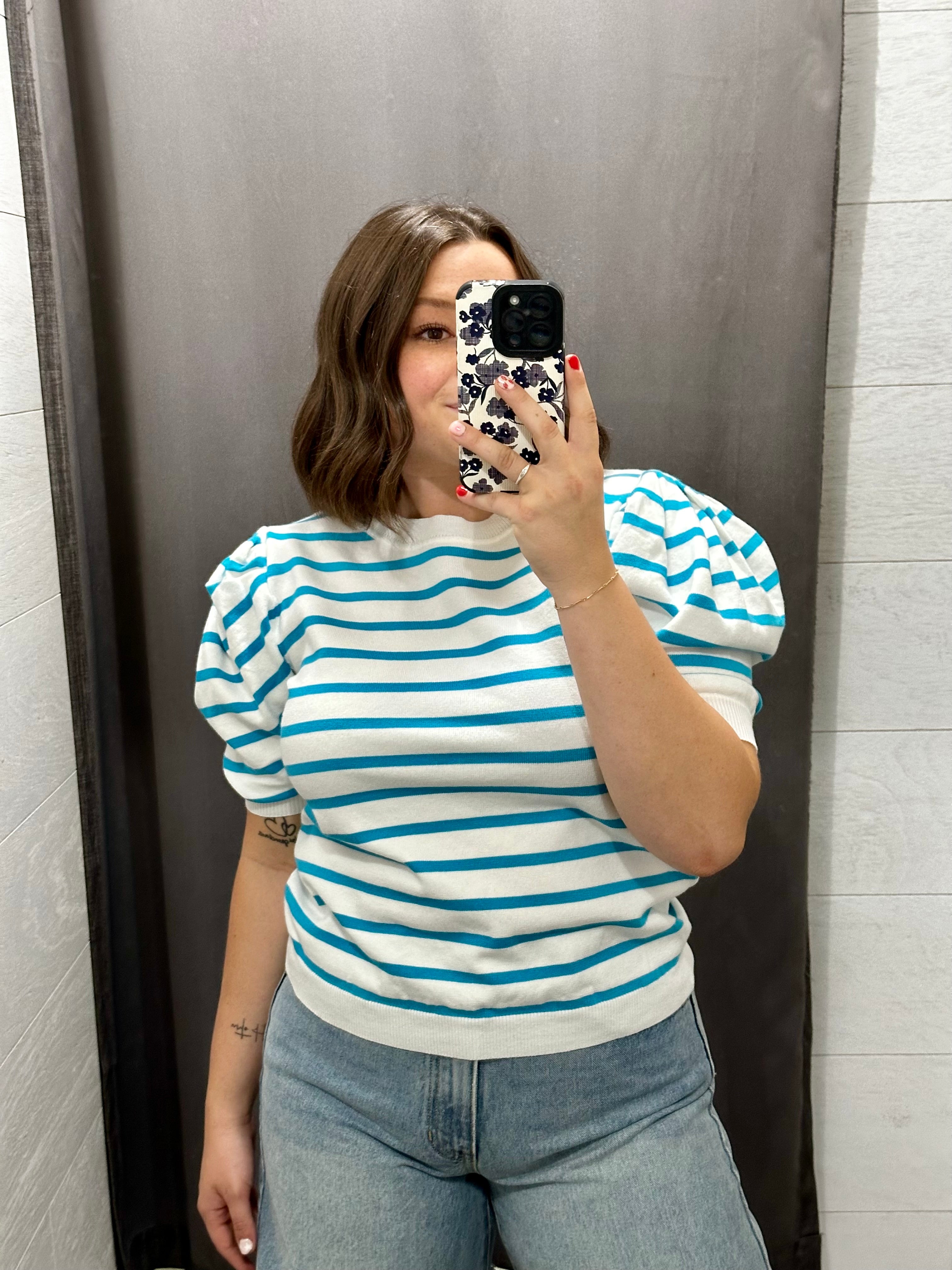 Blue Puff Sleeve Stripe Top - FINAL SALE