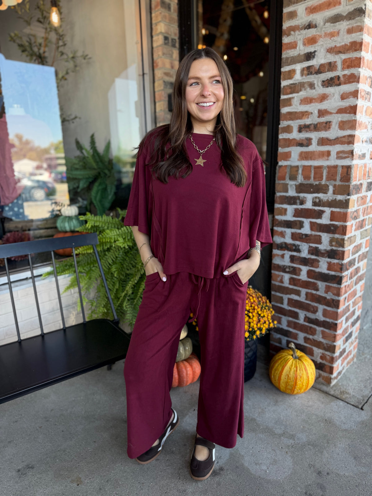 Burgundy Brushed Wide Leg Pants