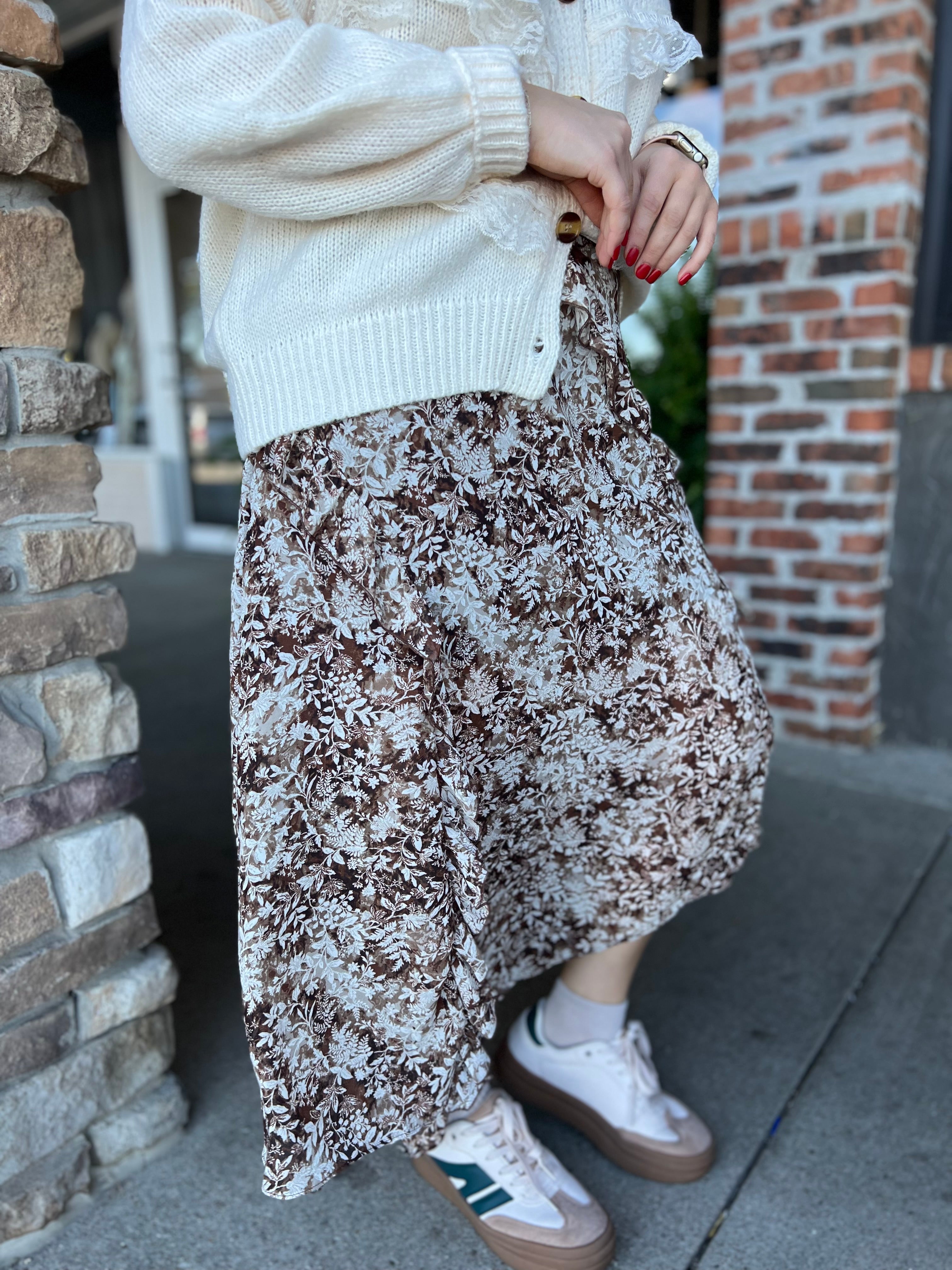 Brown Floral Midi Skirt