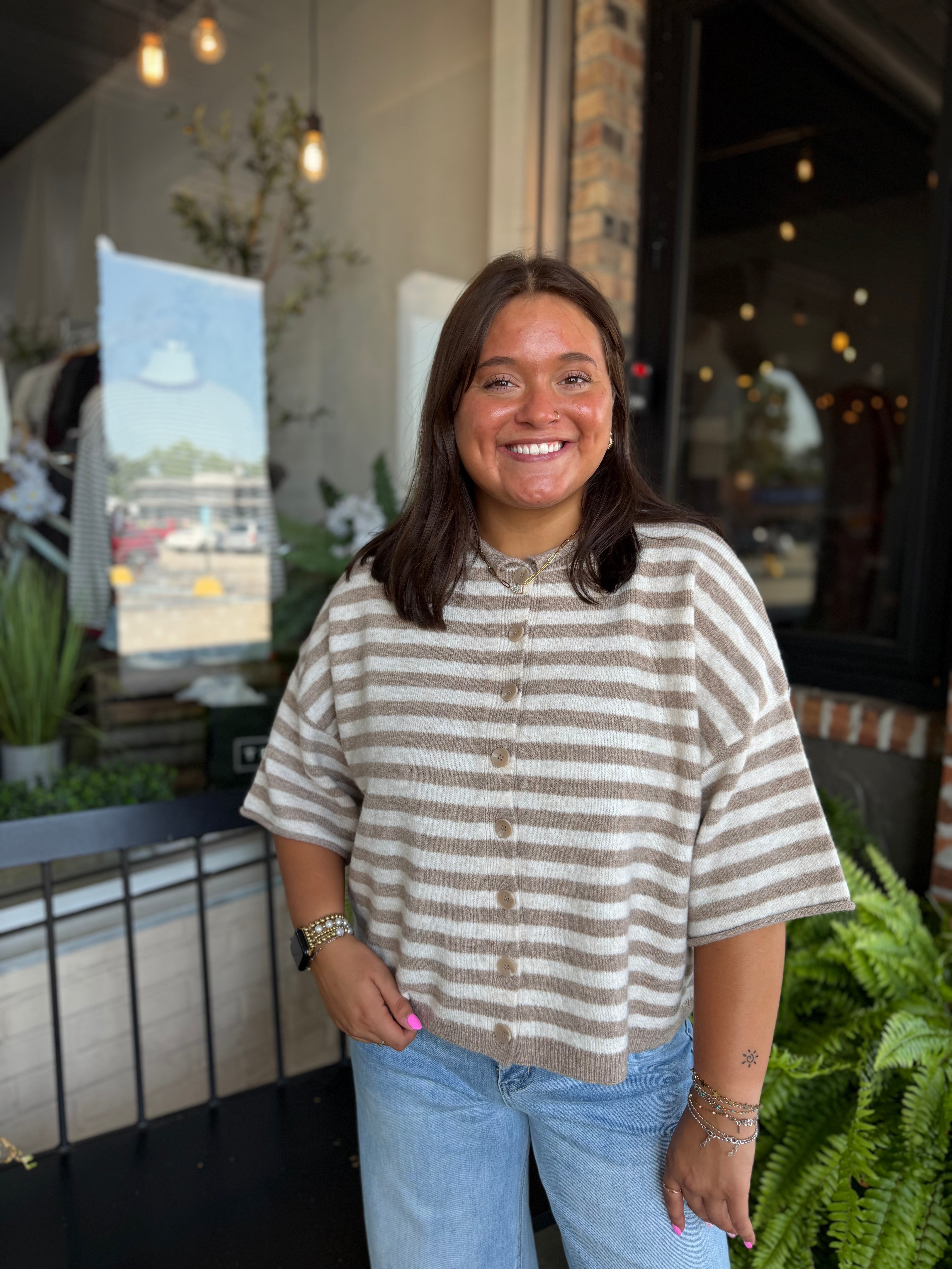 Mocha Stripe Short Sleeve Cardi