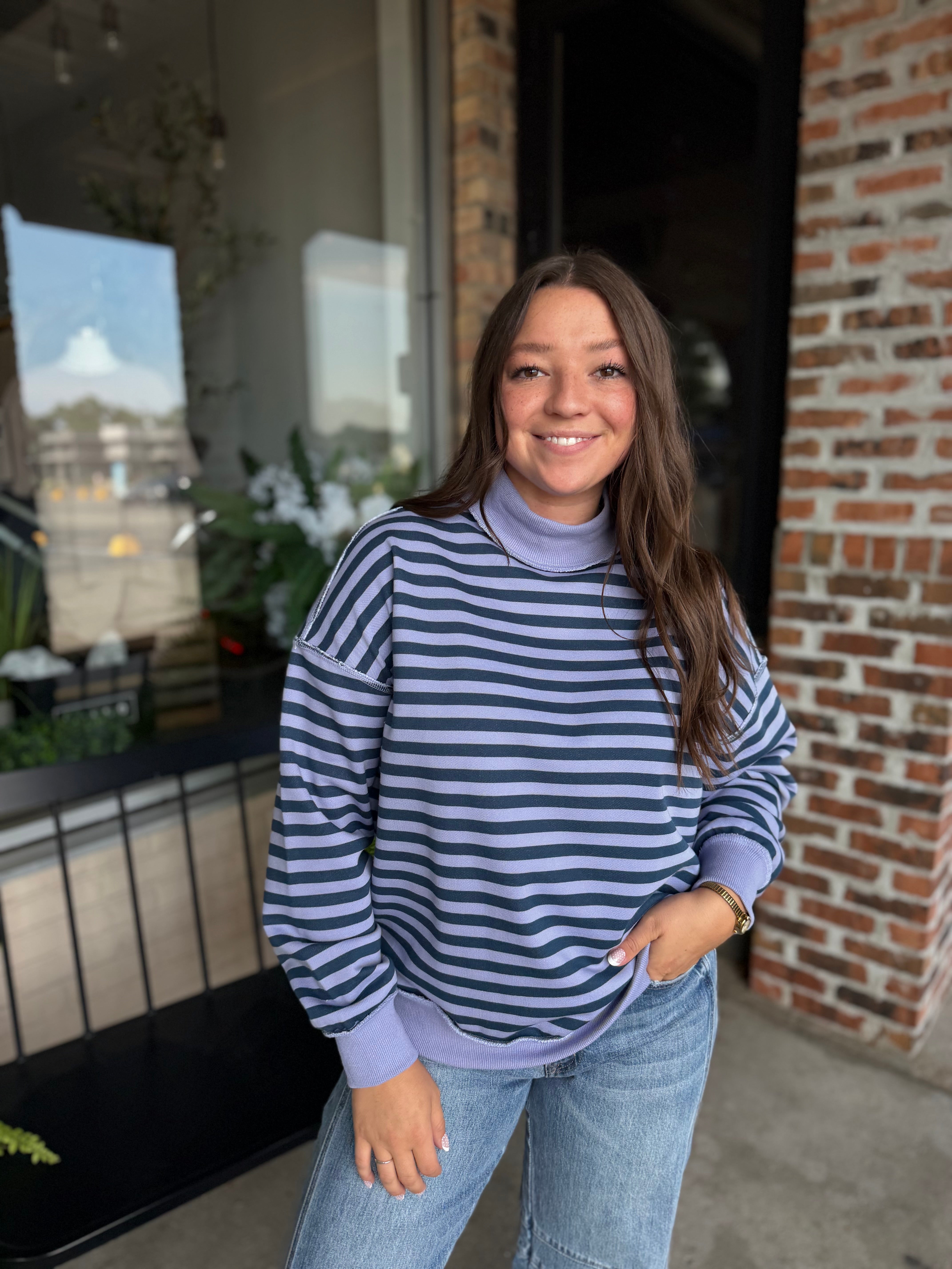Lavender Navy Stripe Mock Neck