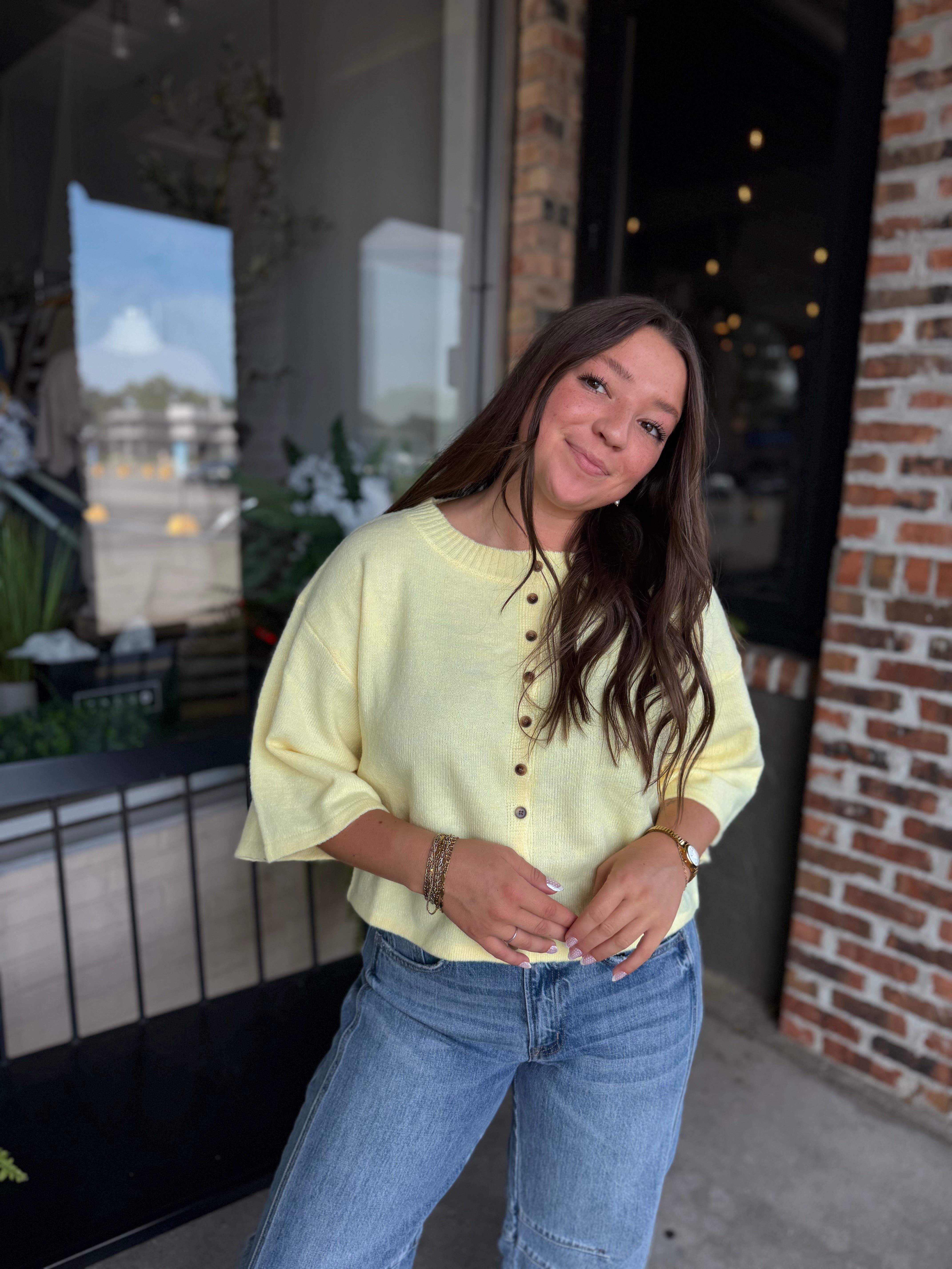 Yellow Wide Sleeve Button Front Knit Cardigan