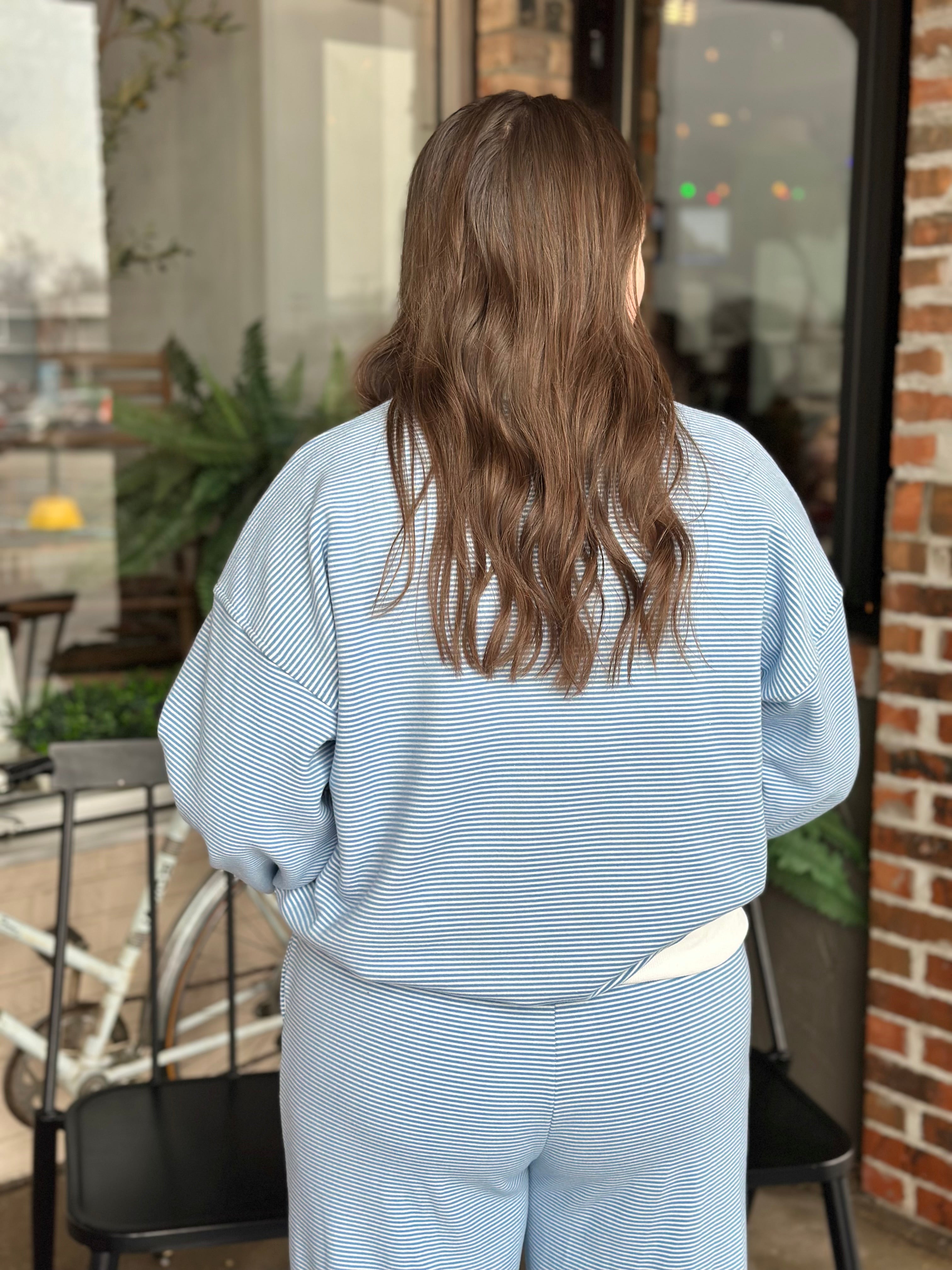 Blue Mock Neck Stripe Sweatshirt