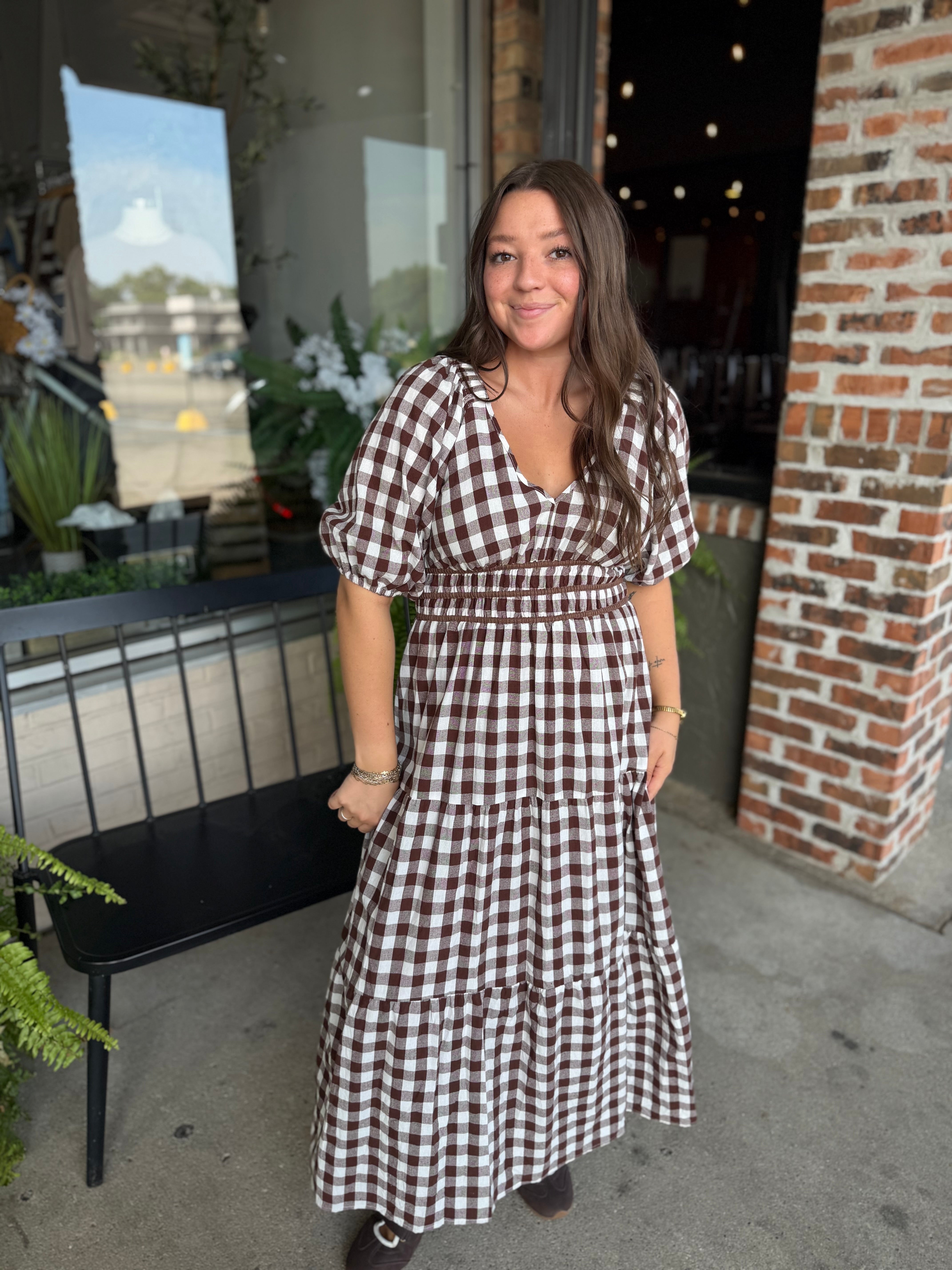 Brown Gingham Midi Dress