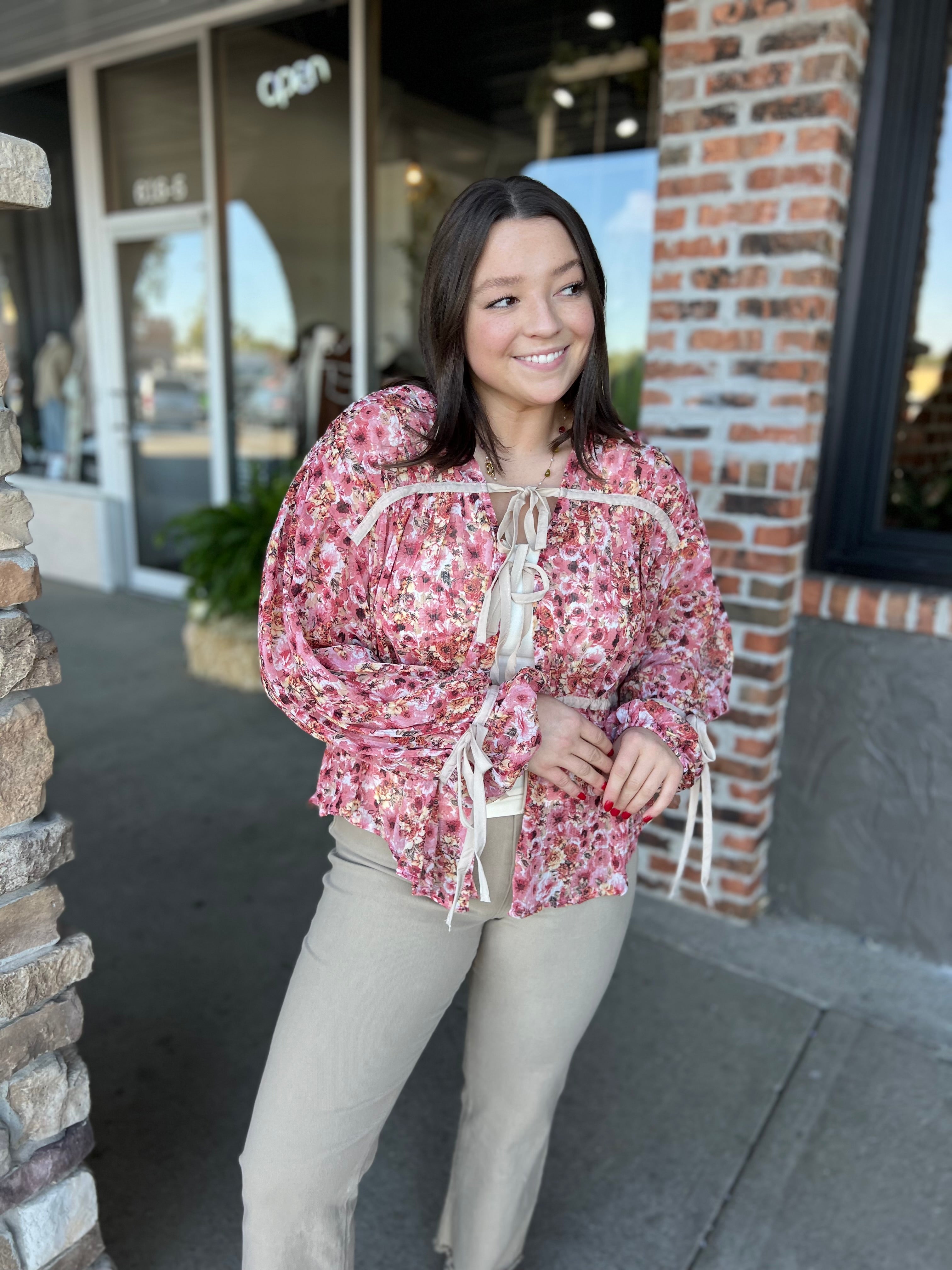 Rose Floral Tie-Front Top