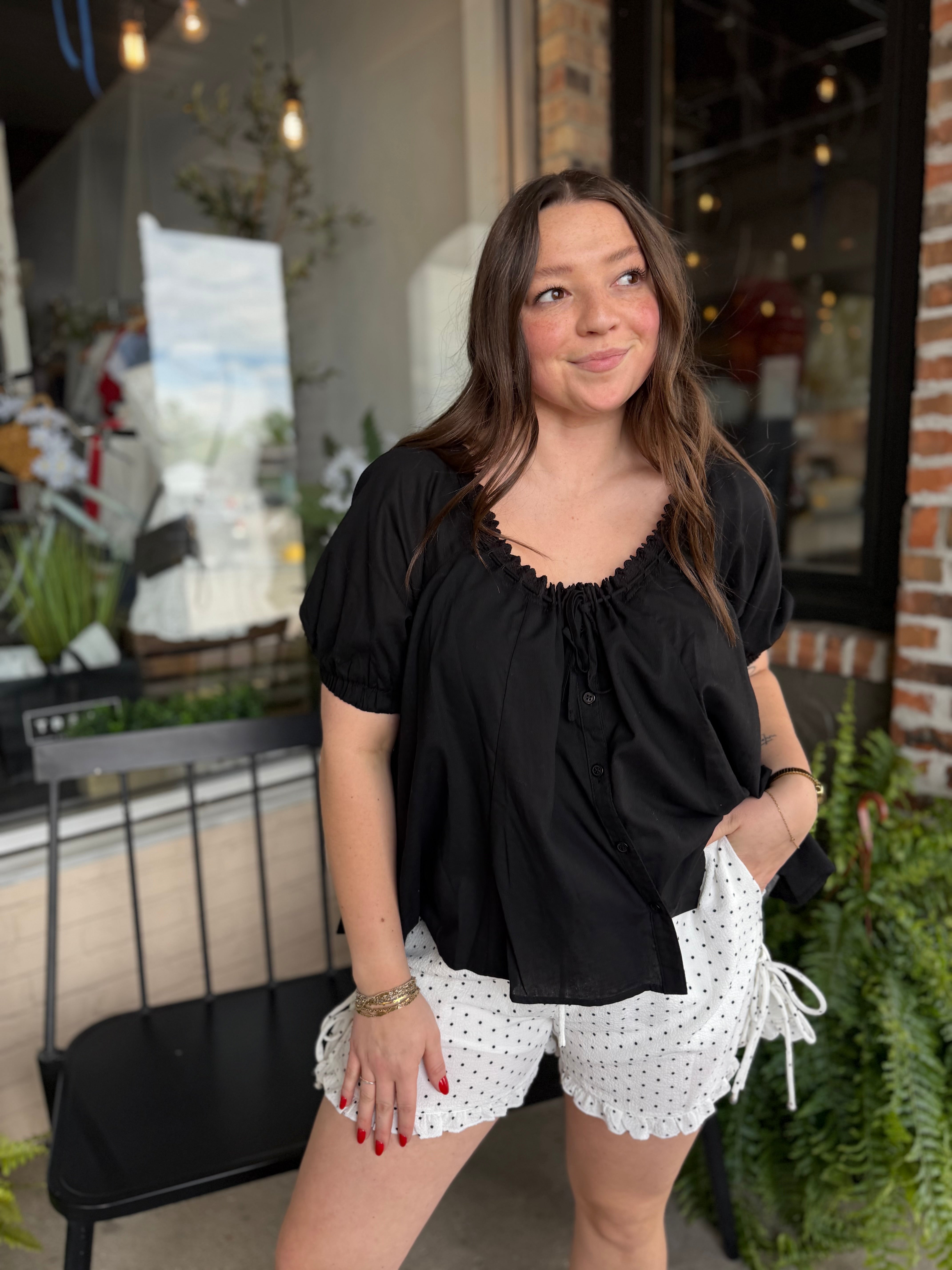 Black Eyelet Trim Puff Sleeve Top