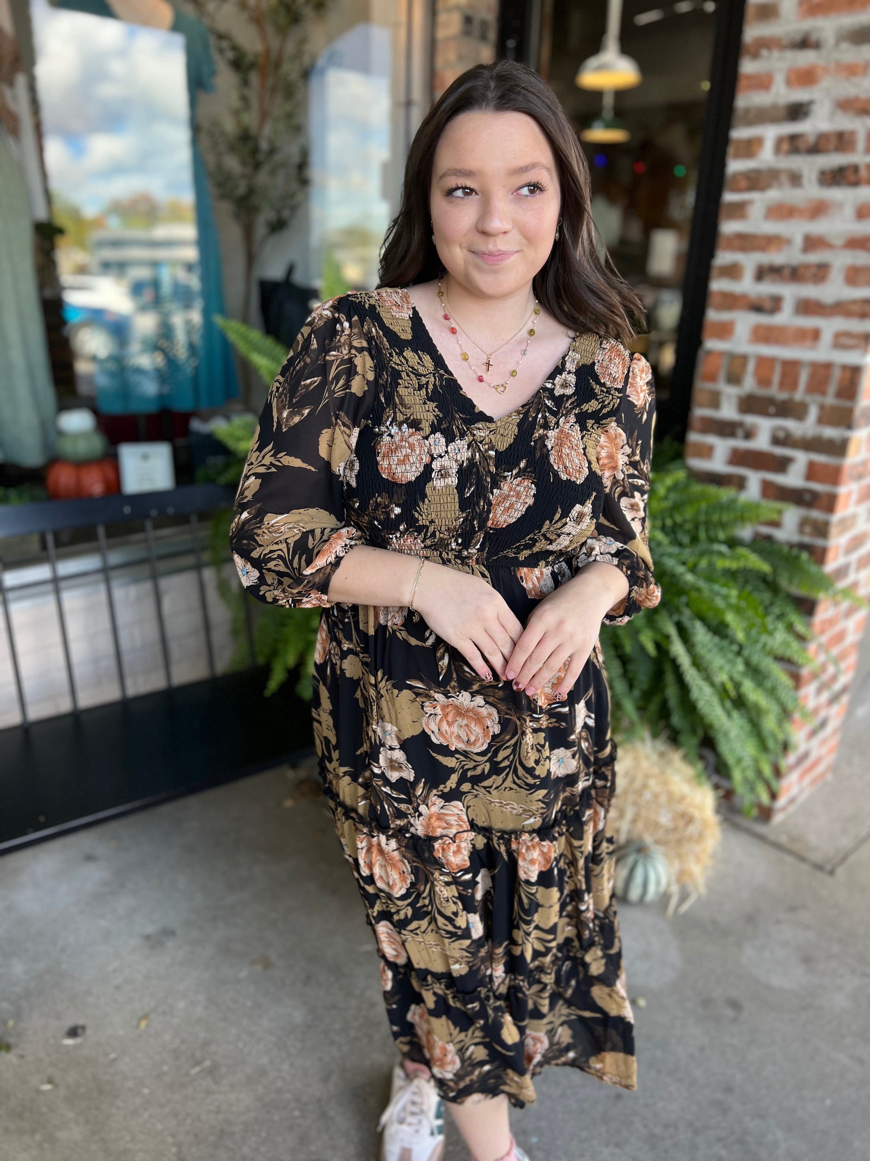 Black Floral Smocked Dress