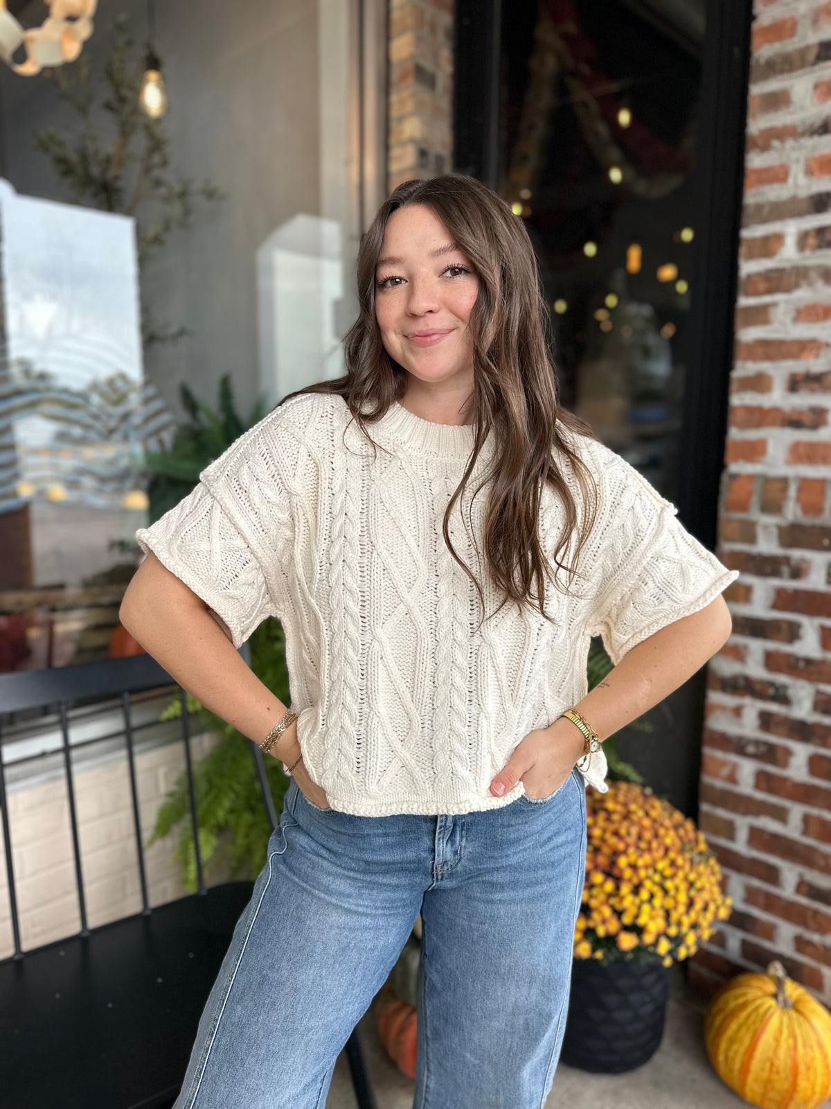 Cream Knit Short Sleeve Sweater
