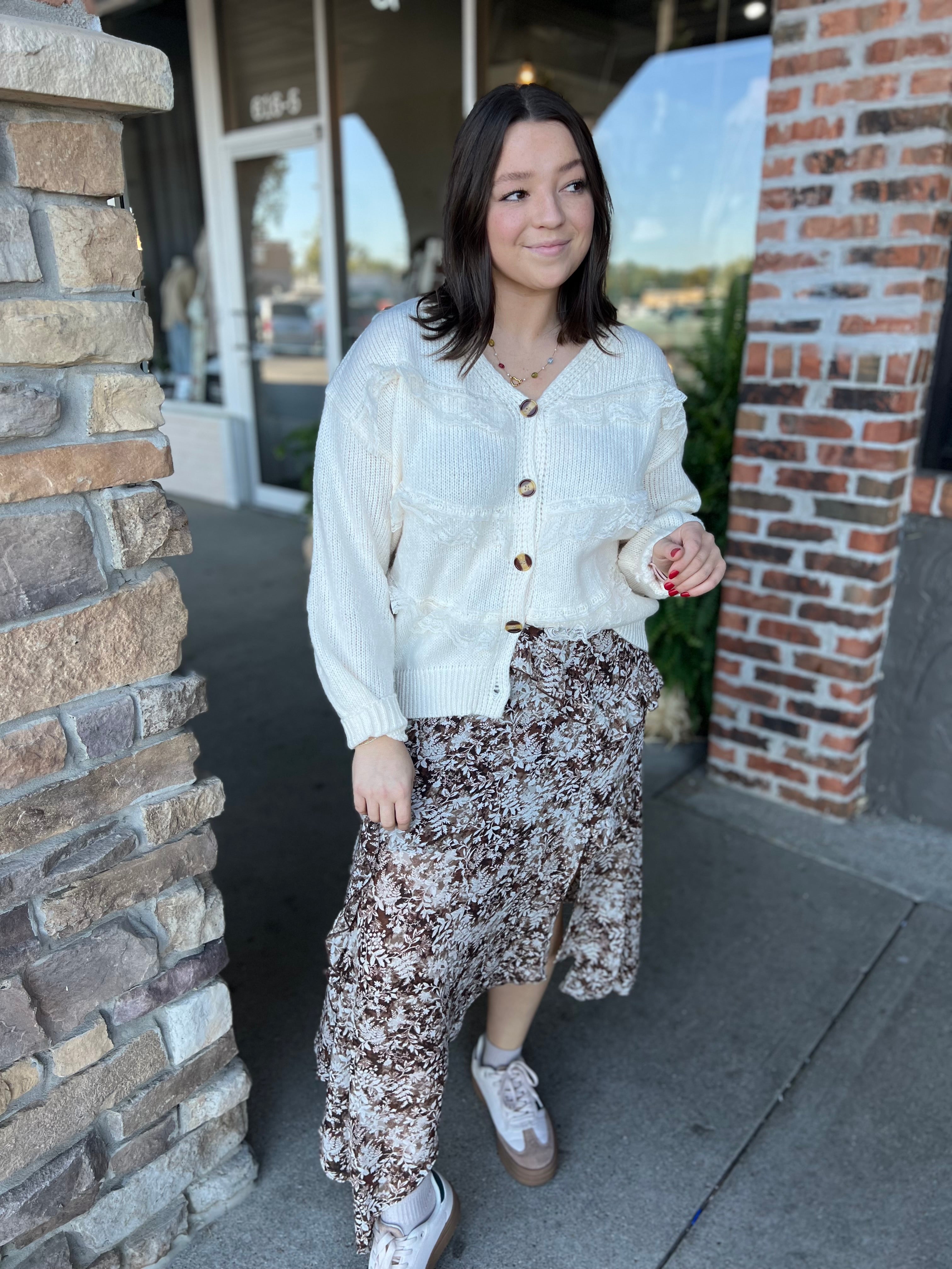 Brown Floral Midi Skirt