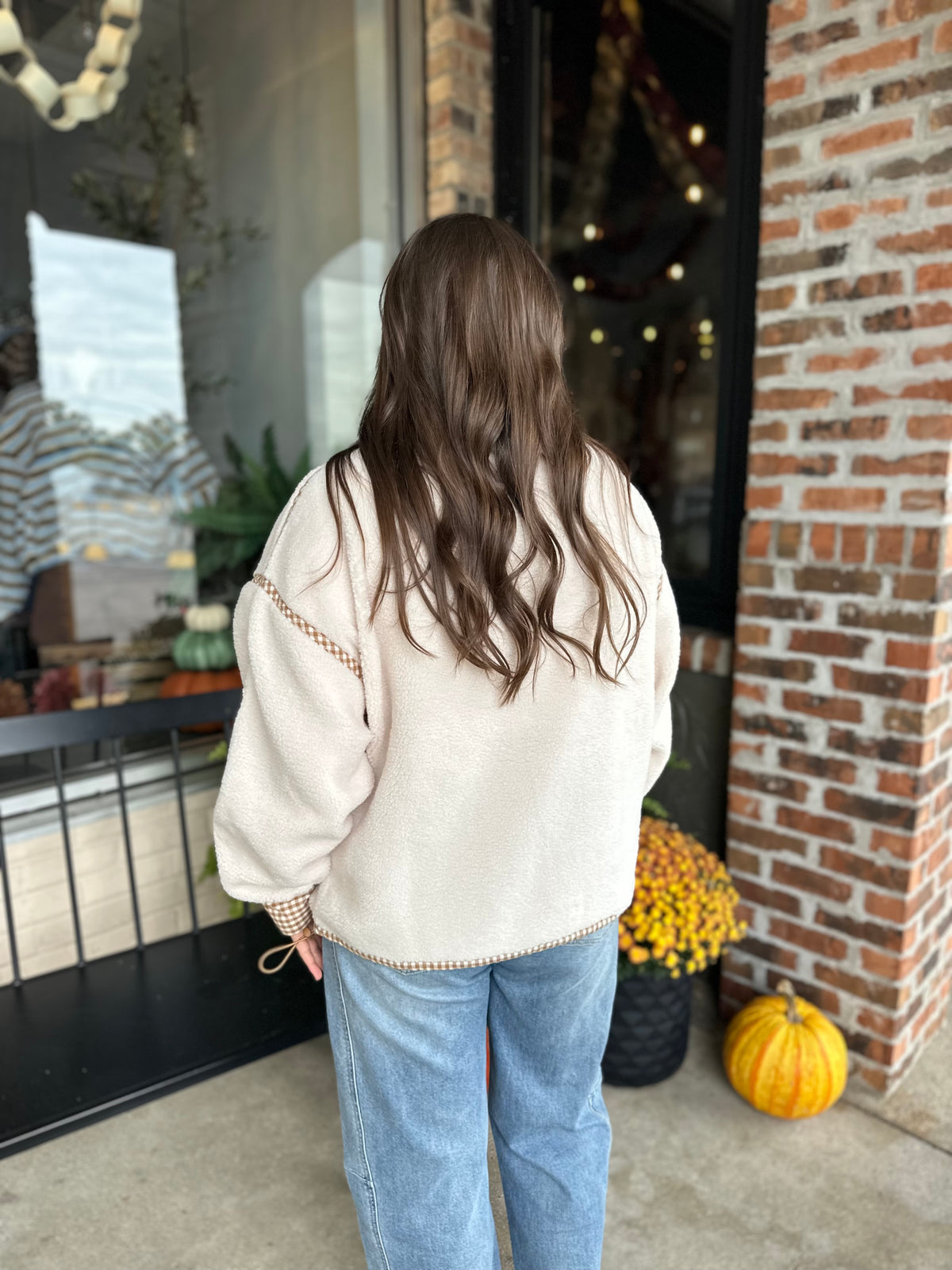 Cream Gingham Sherpa Pullover