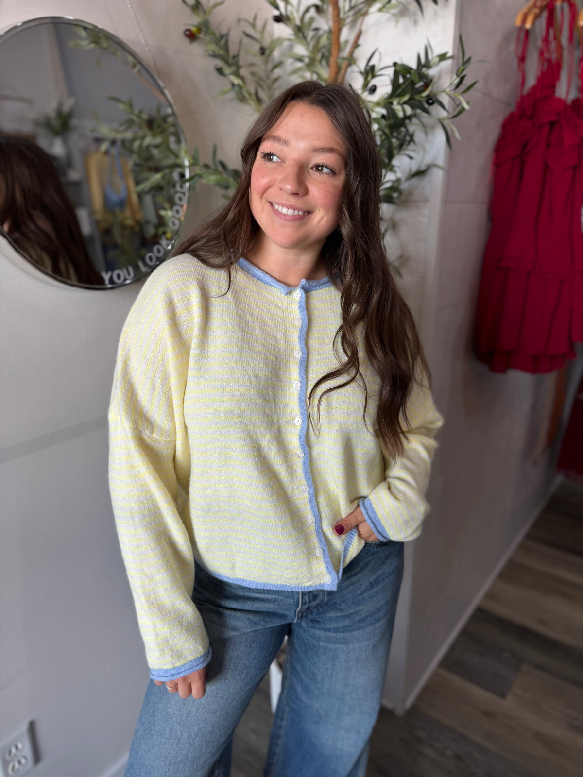 Yellow Stripe Raw Edge Sweater