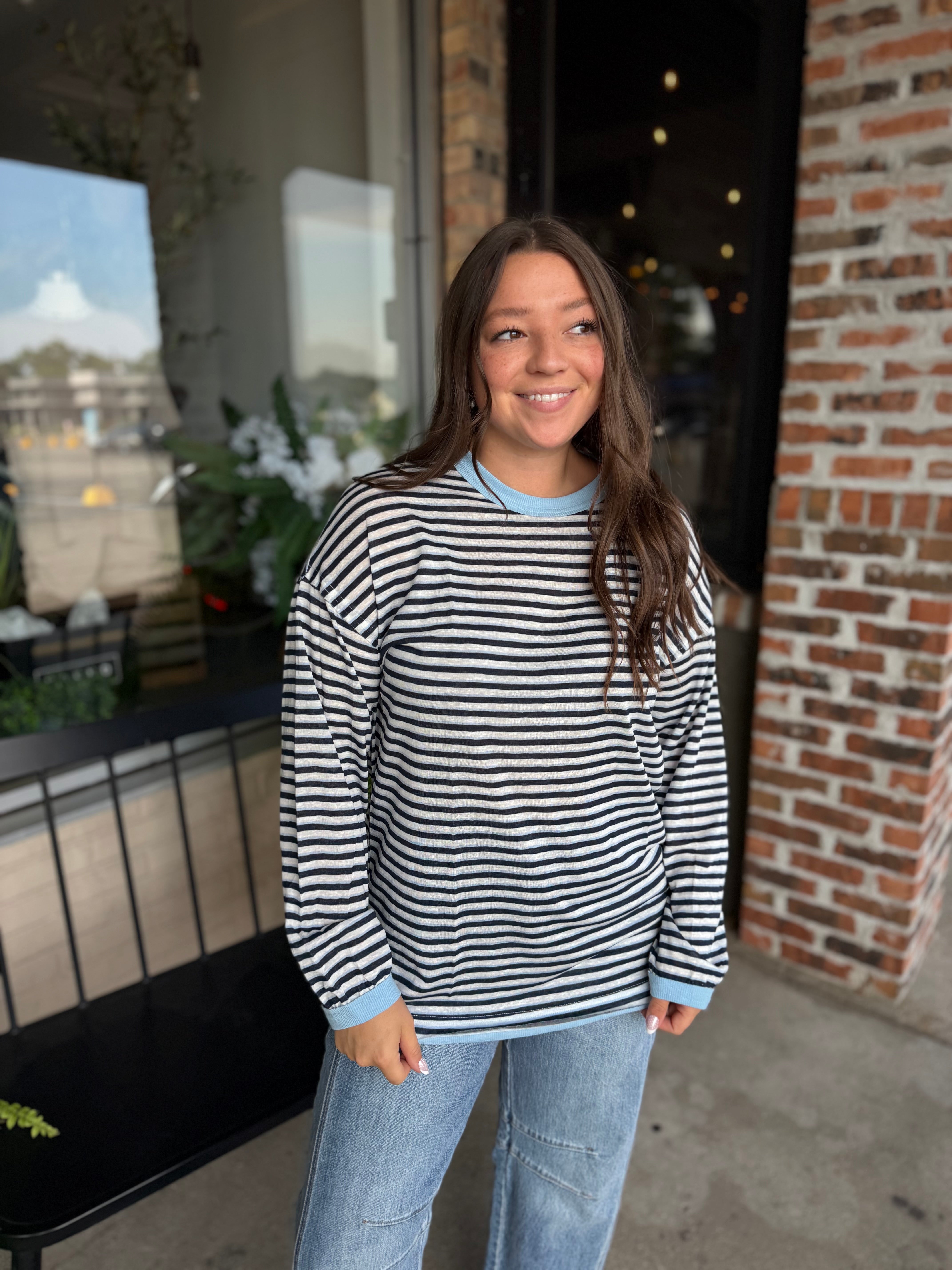 Blue Striped Jersey Long Sleeve Top