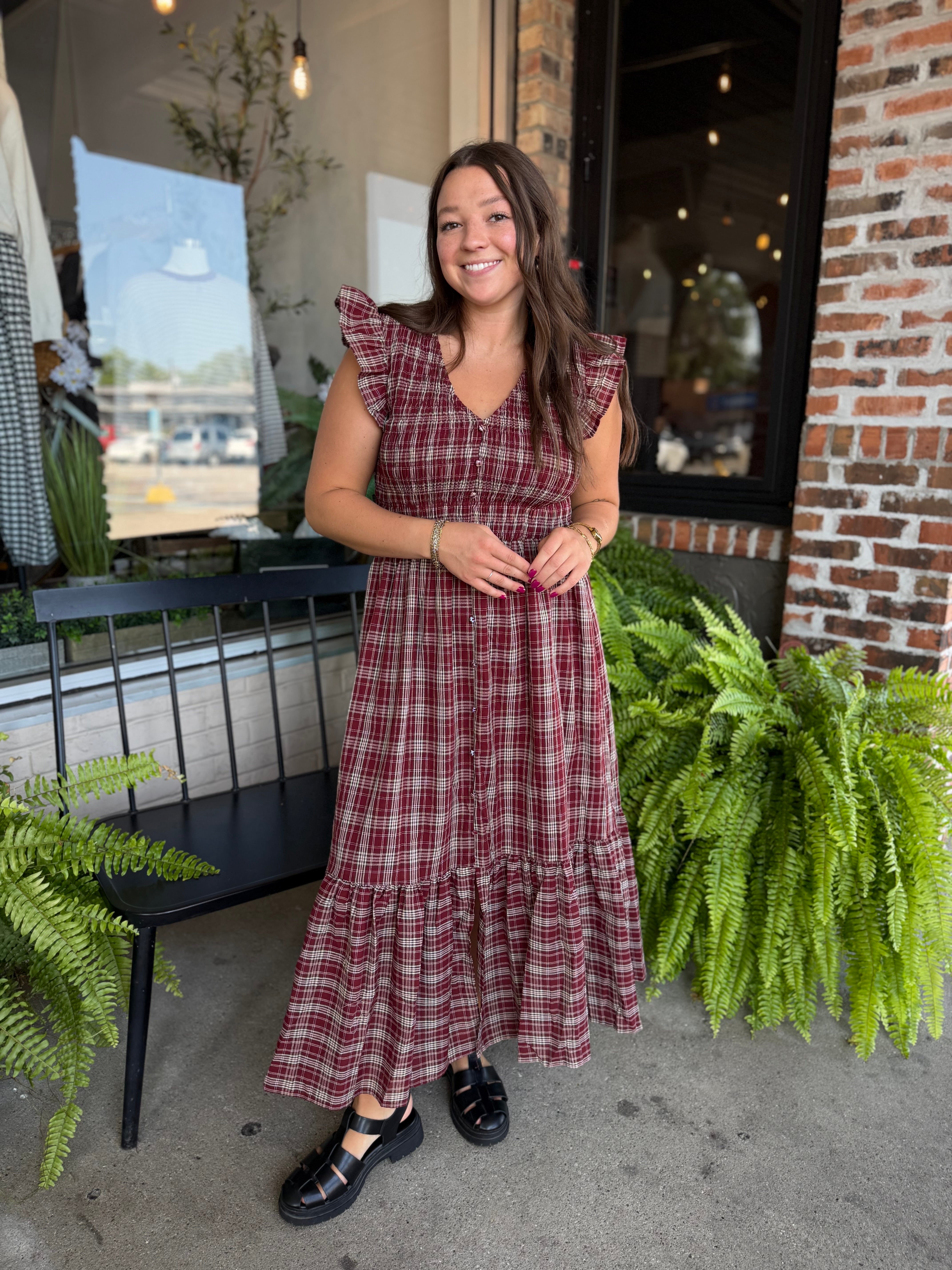 Burgundy Plaid Midi Dress