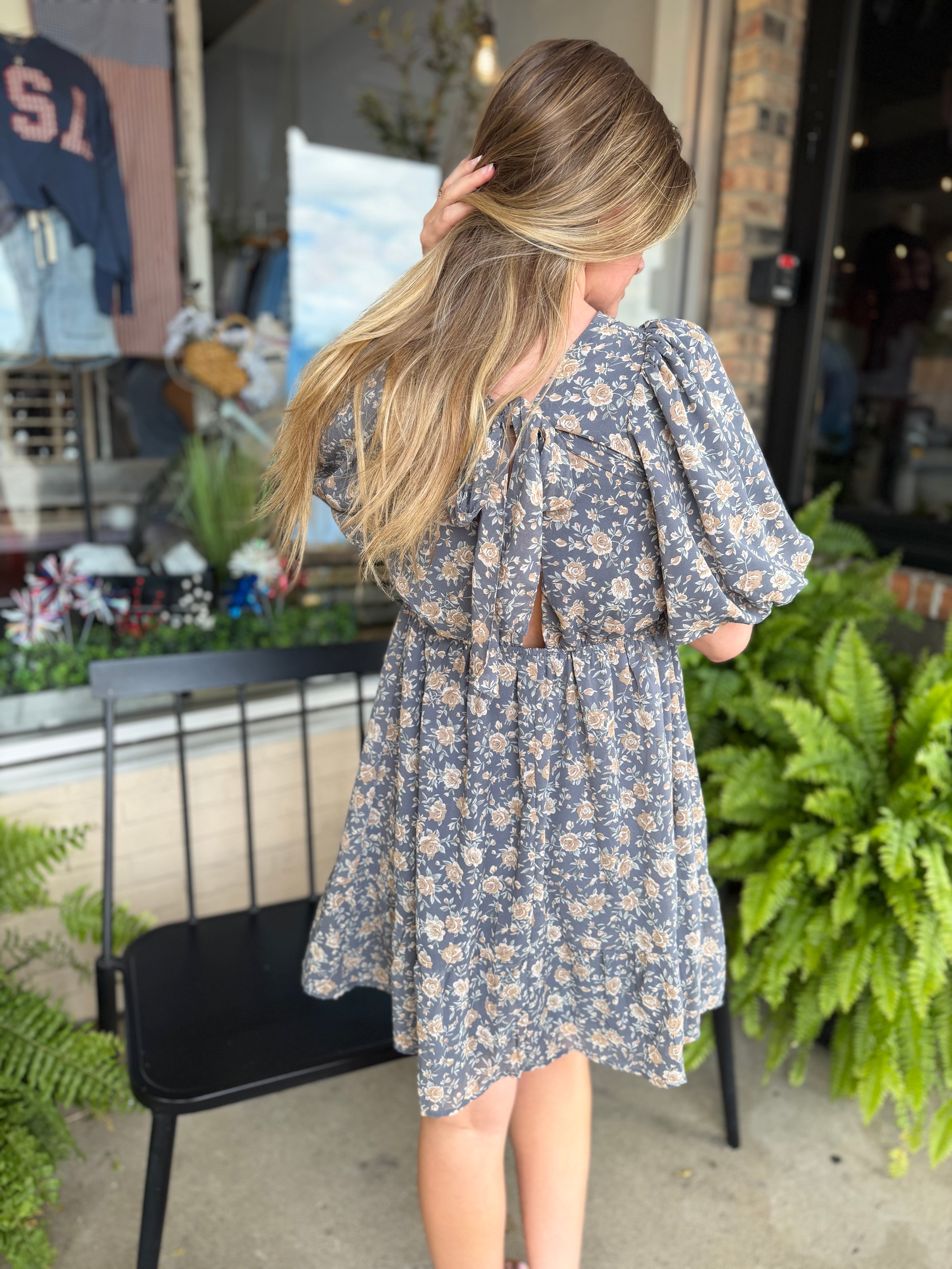 Blue Floral Bubble Sleeve Mini Dress