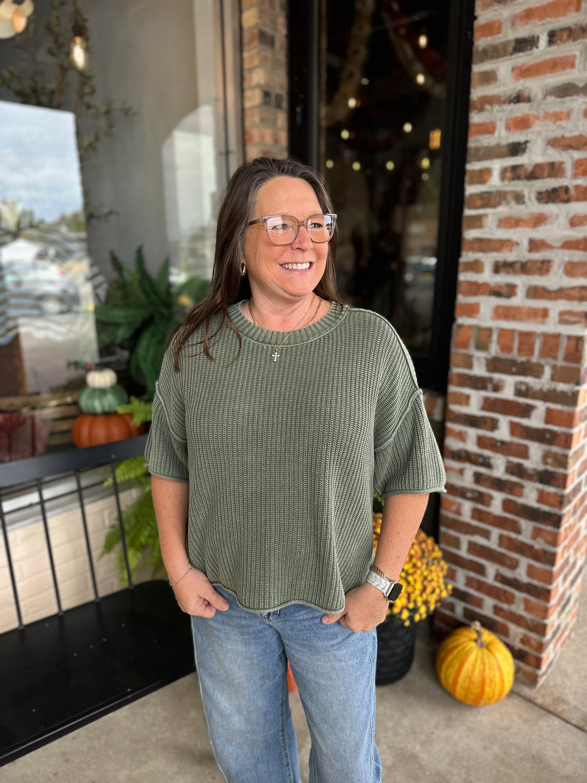 Olive Washed Crew Neck Sweater - FINAL SALE
