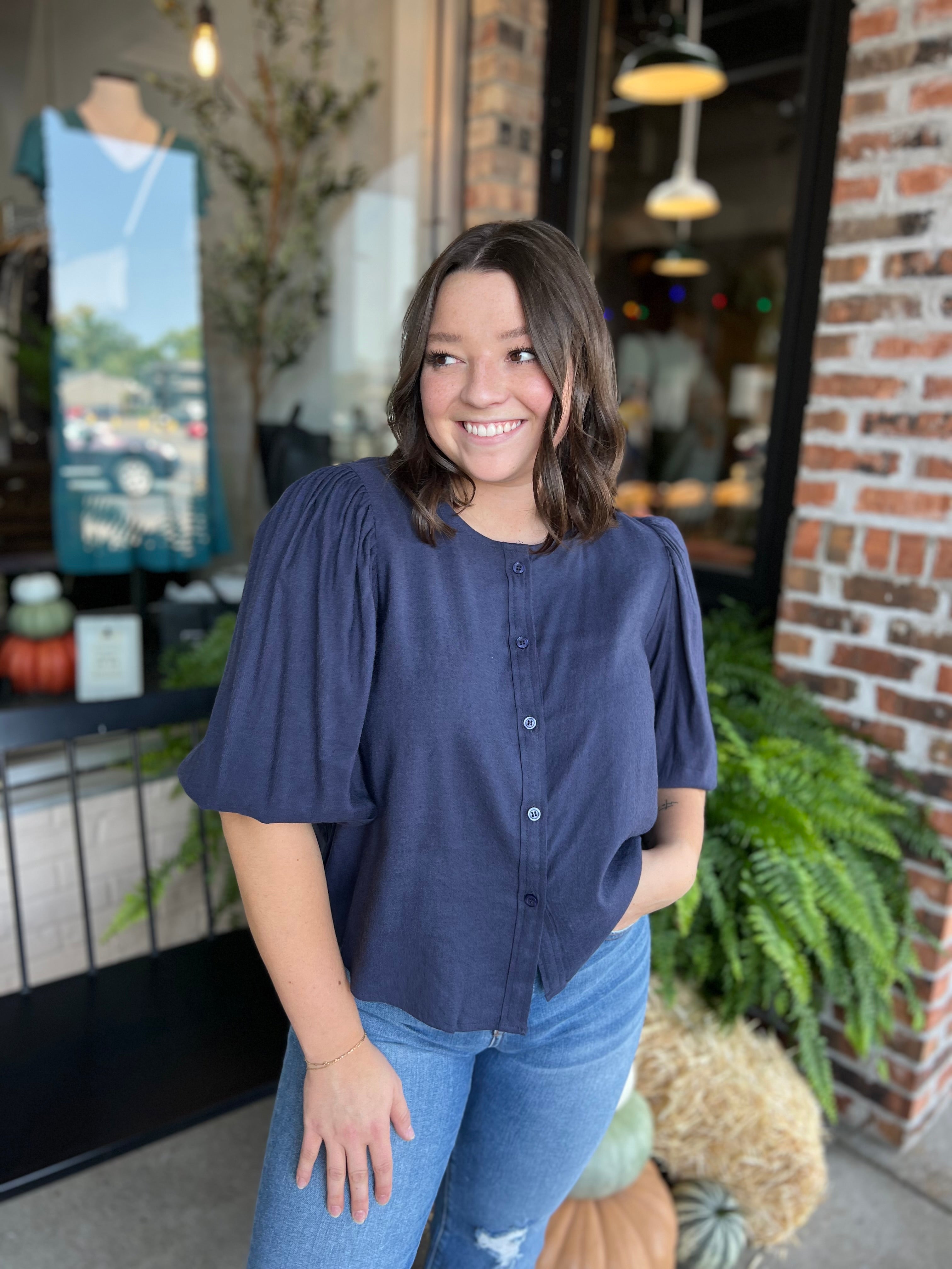 Navy Button Down Blouse