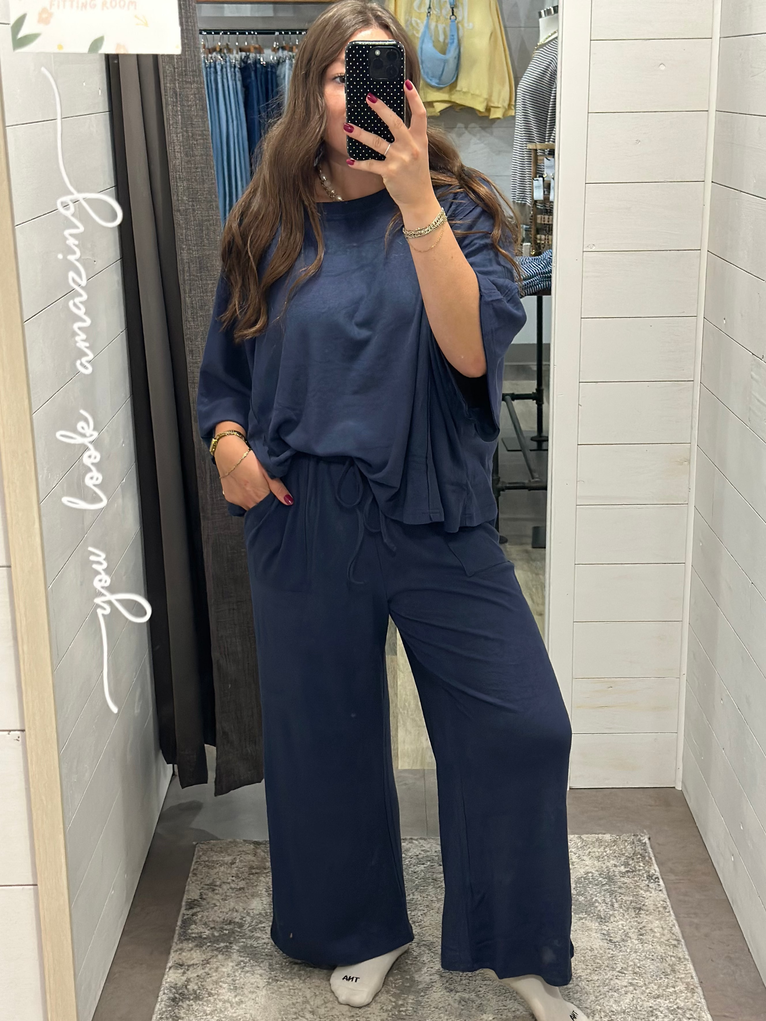 Navy Brushed Wide Leg Pants