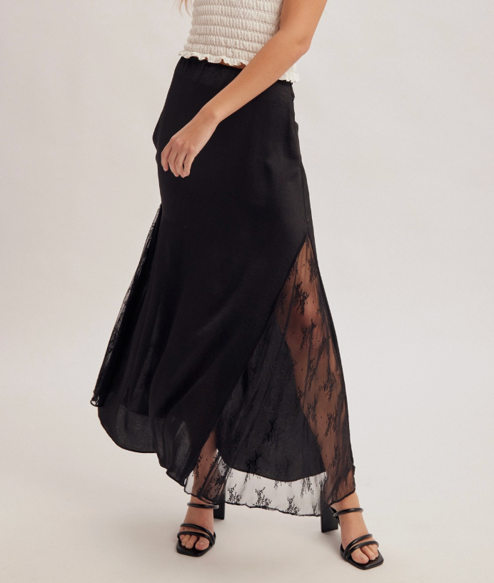 Black Lace Contrast Maxi Skirt
