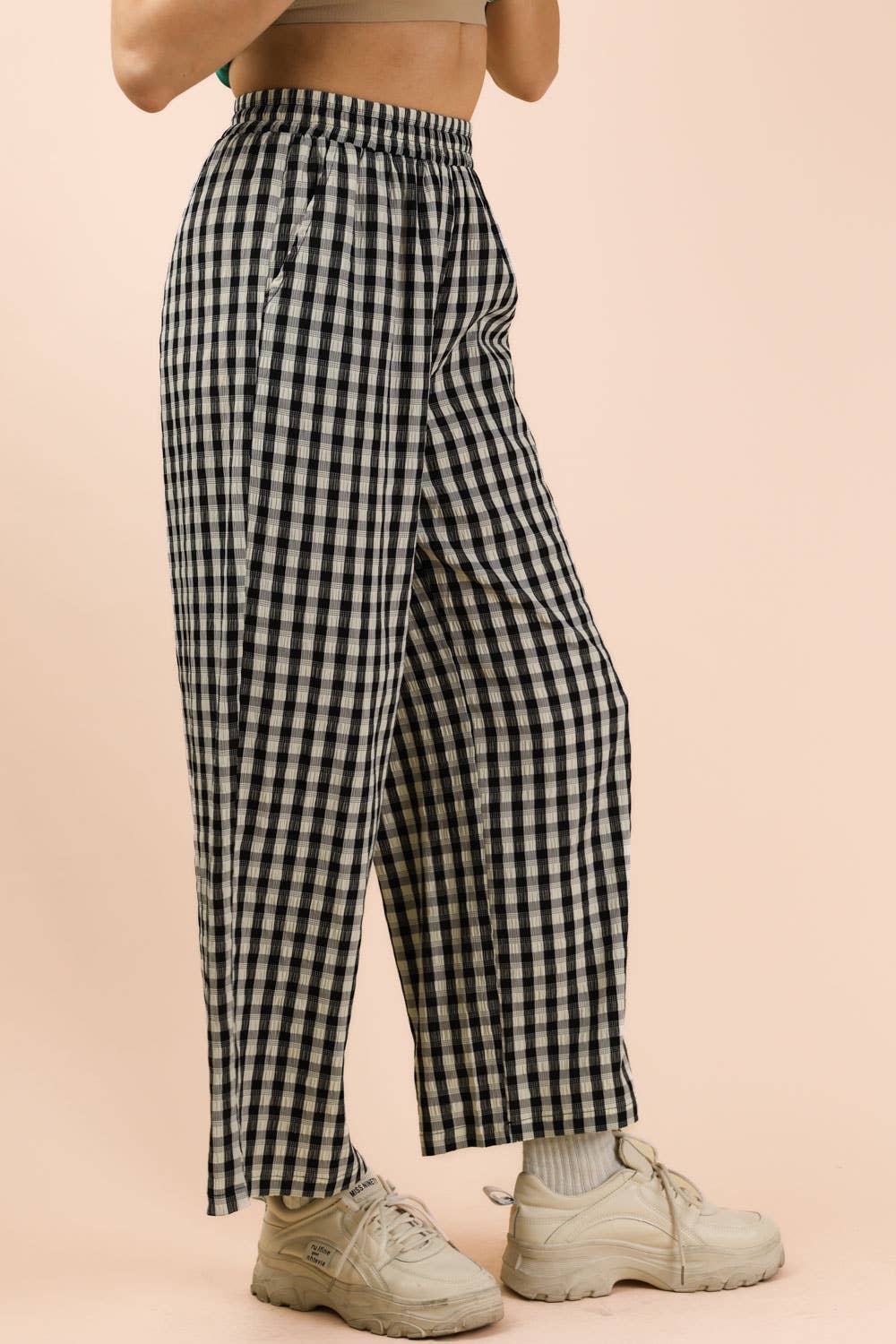 Black Elastic Waist Checkered Pants
