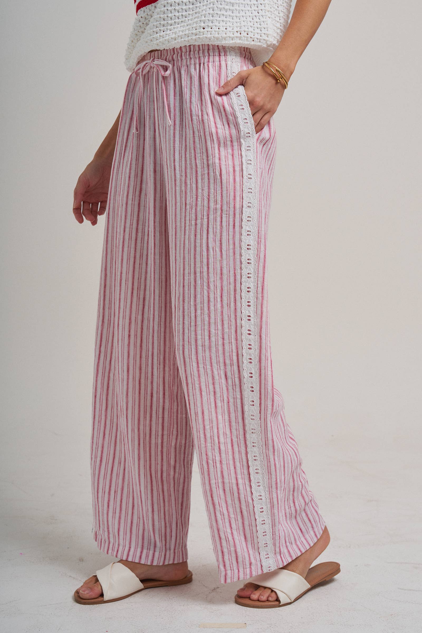 Red Stripe Lace Trim Pants