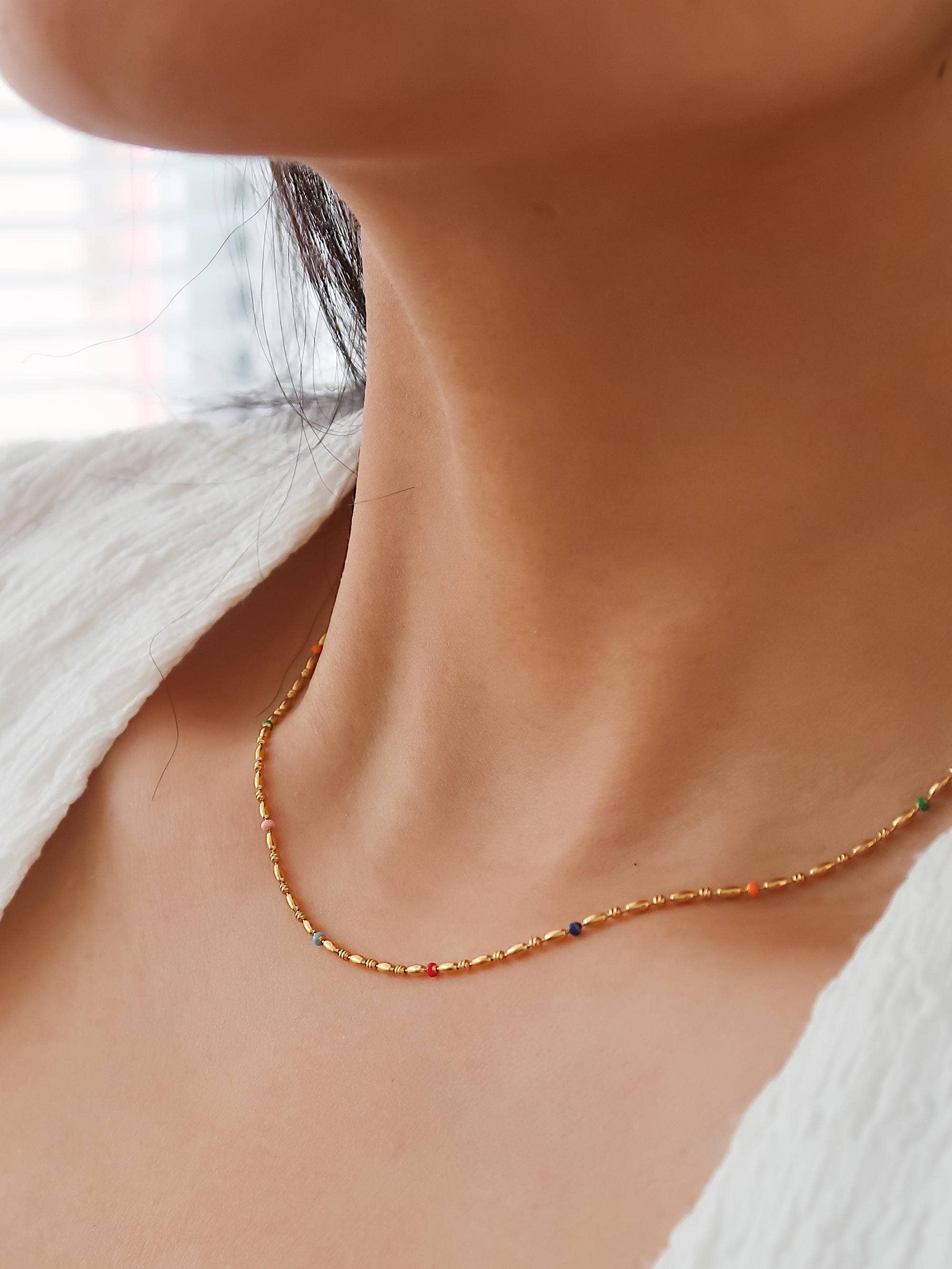 18K Gold Non-Tarnish Petite Beaded Necklace