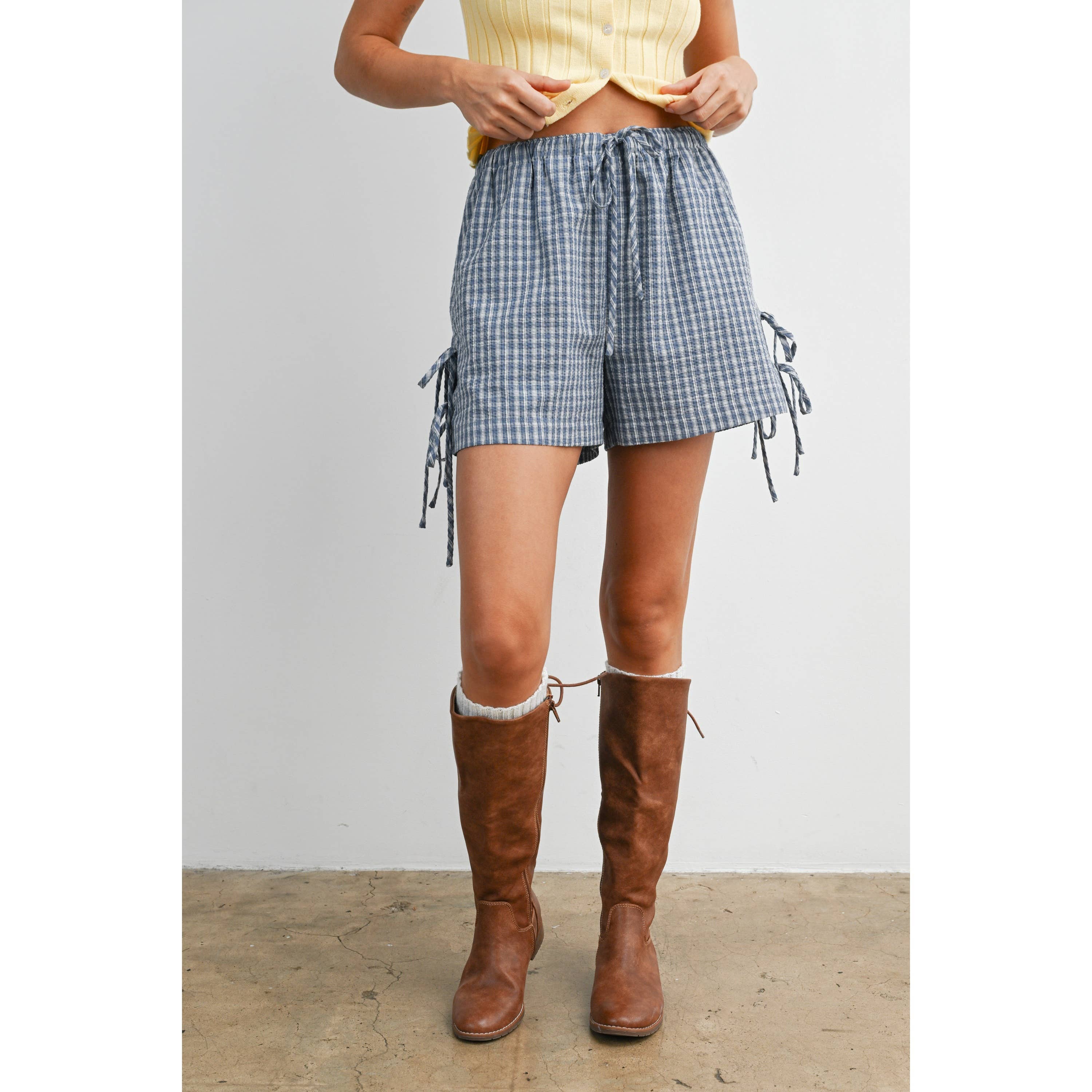 Navy Plaid Side-Tie Elastic Waist Shorts