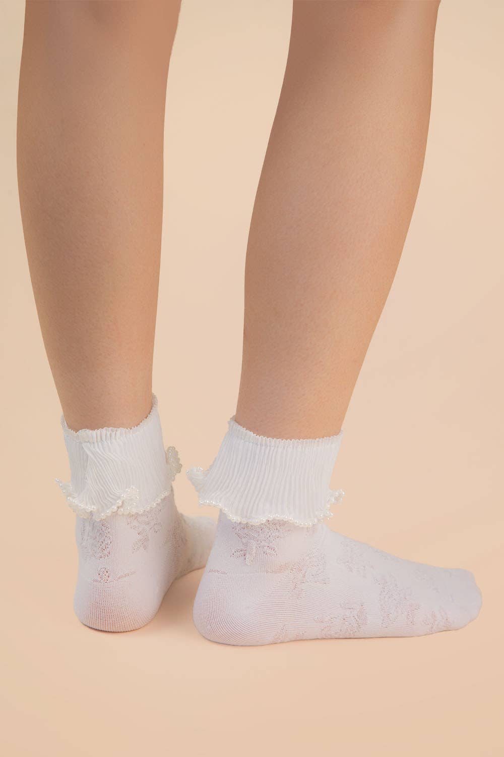 White Lace Trim W/ Beads Crew Socks