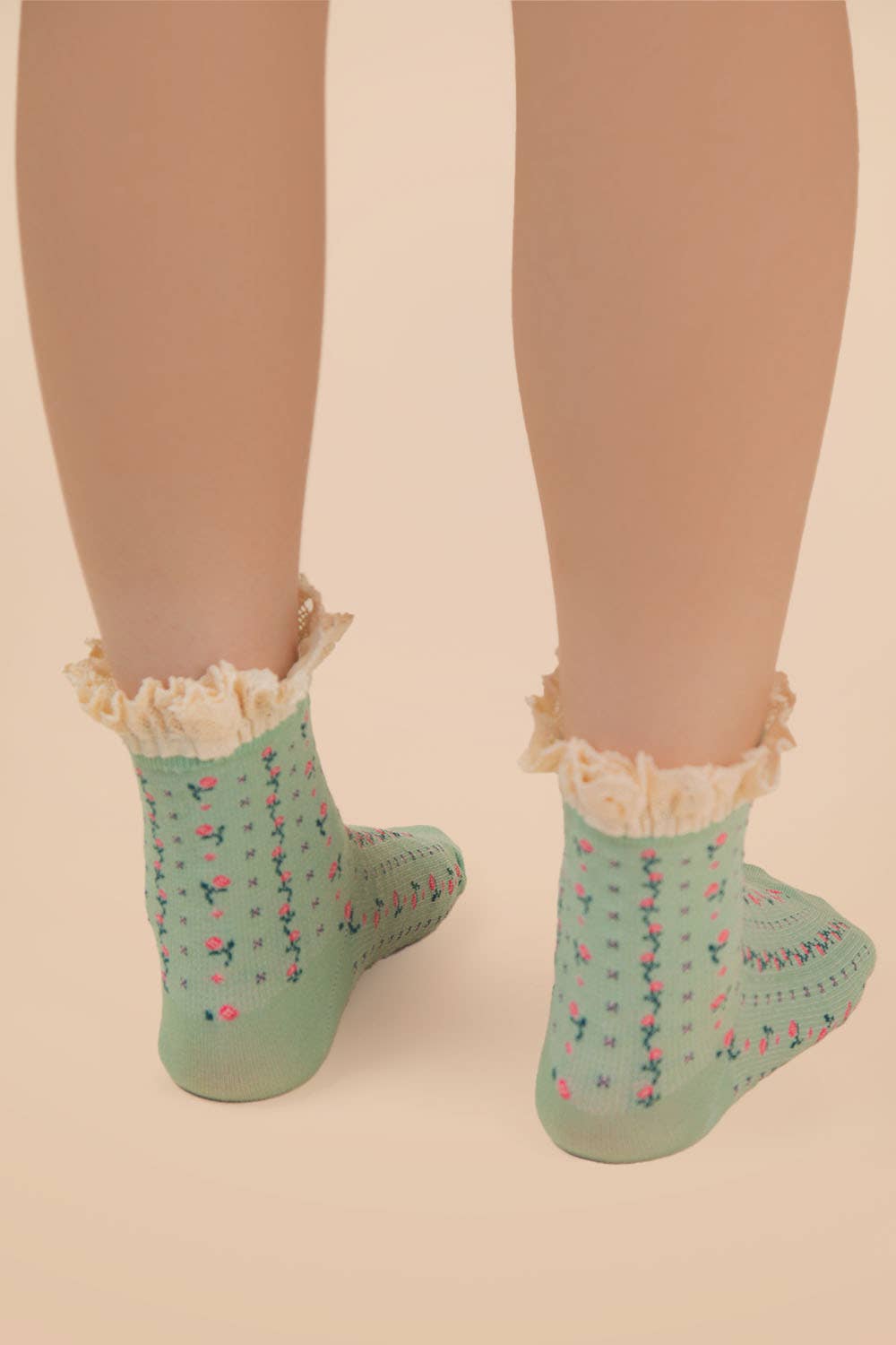 Sage Lace Trim Floral Crew Socks