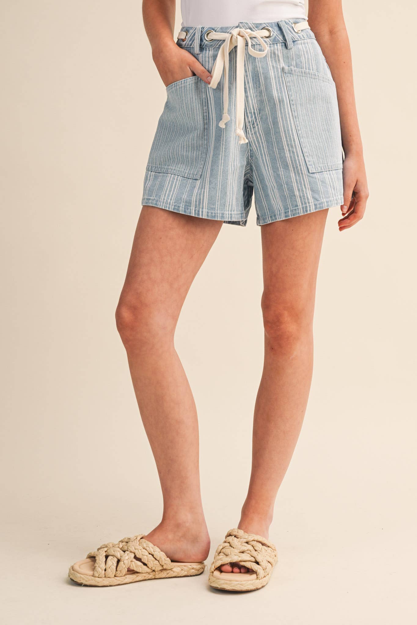 Blue Mixed Stripe Denim Shorts