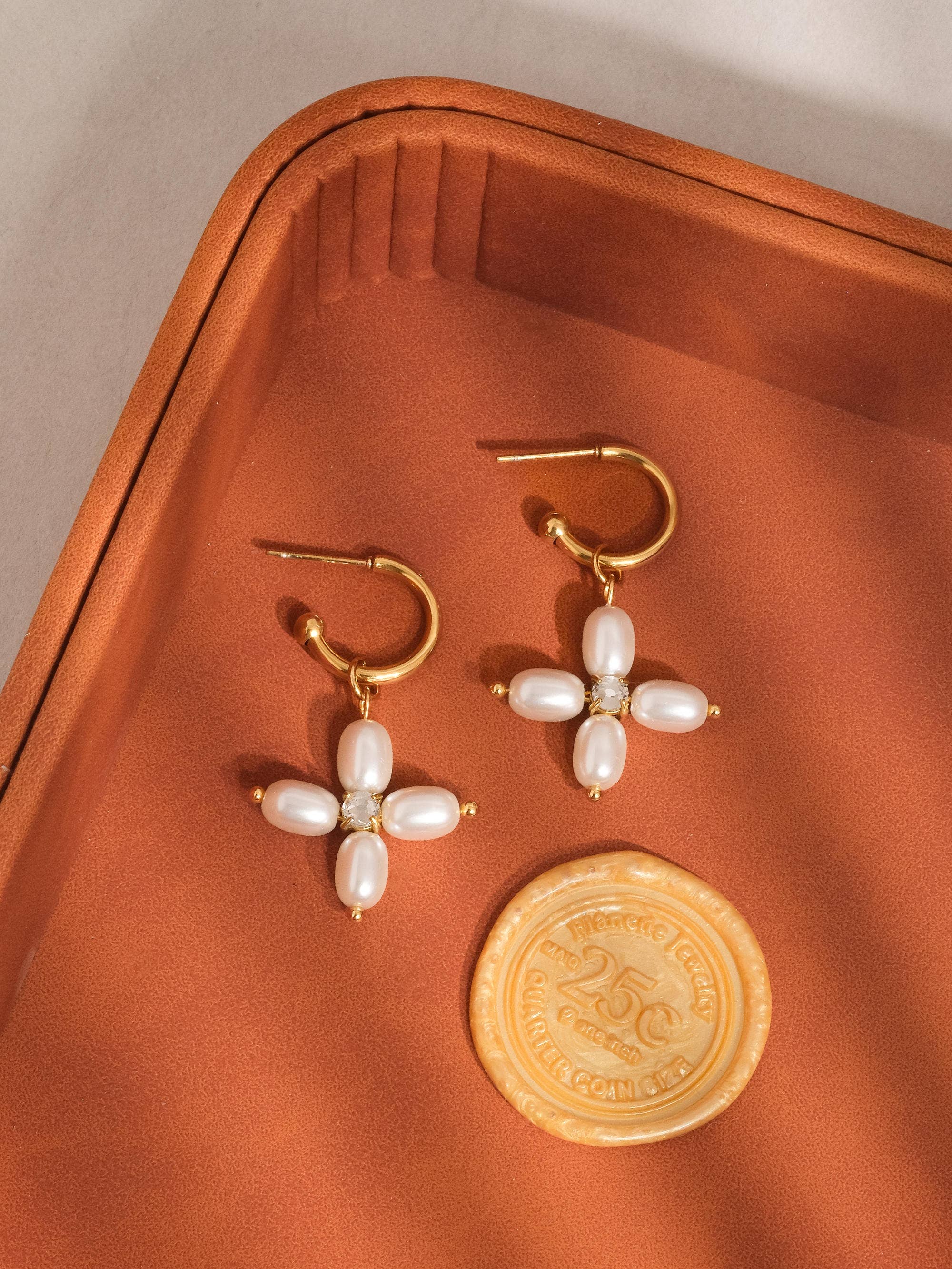 18K Gold Non-Tarnish Pearl Cross Earring