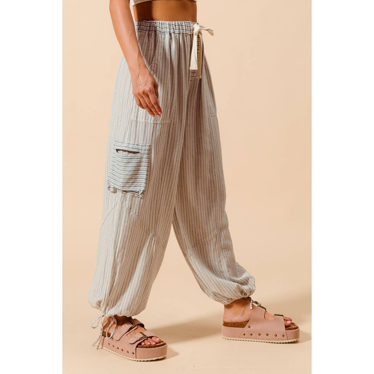 Denim Stripe Balloon Blocked Pants