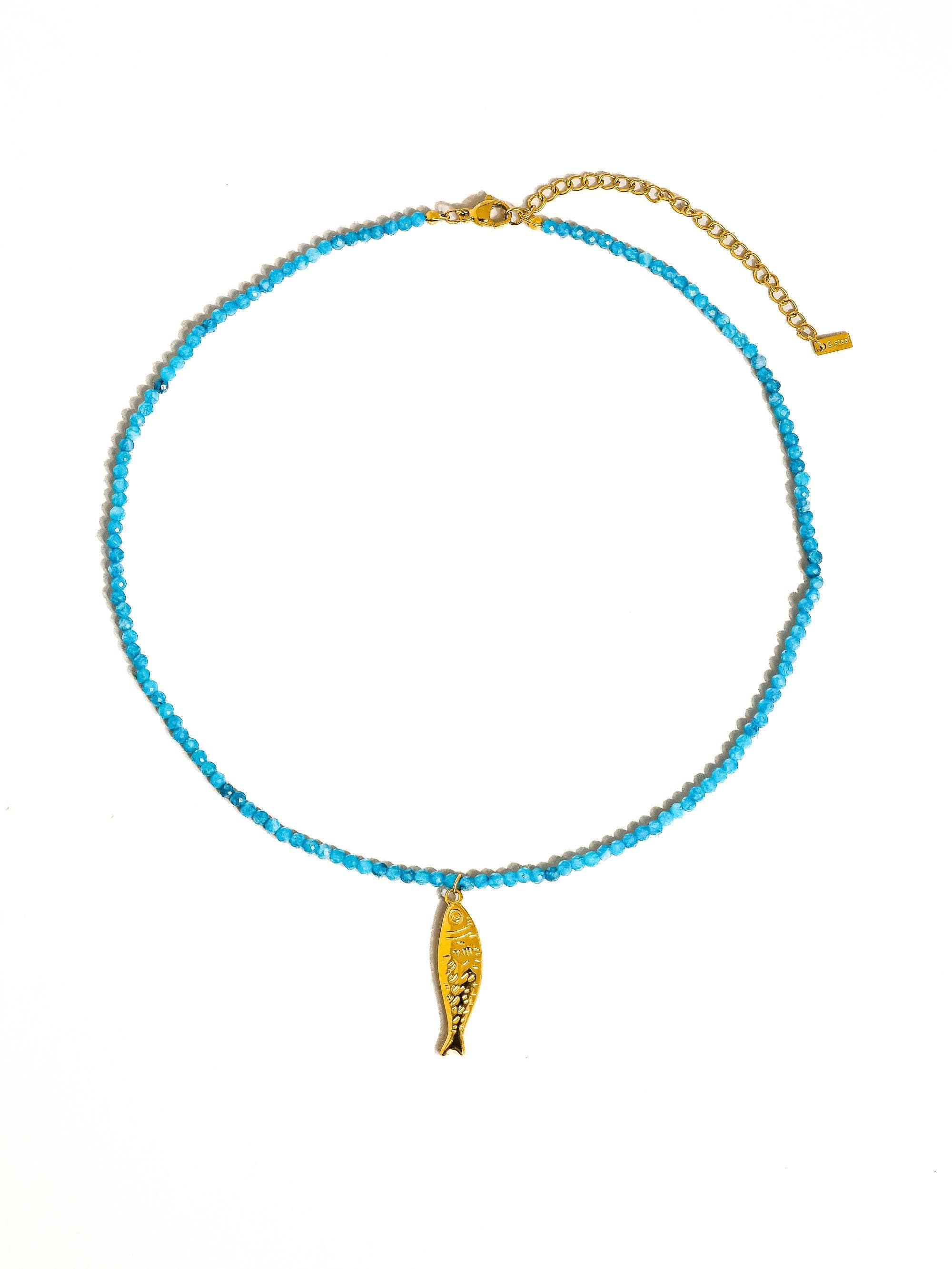 Blue 18K Gold Non-Tarnish Fish Beaded Necklace