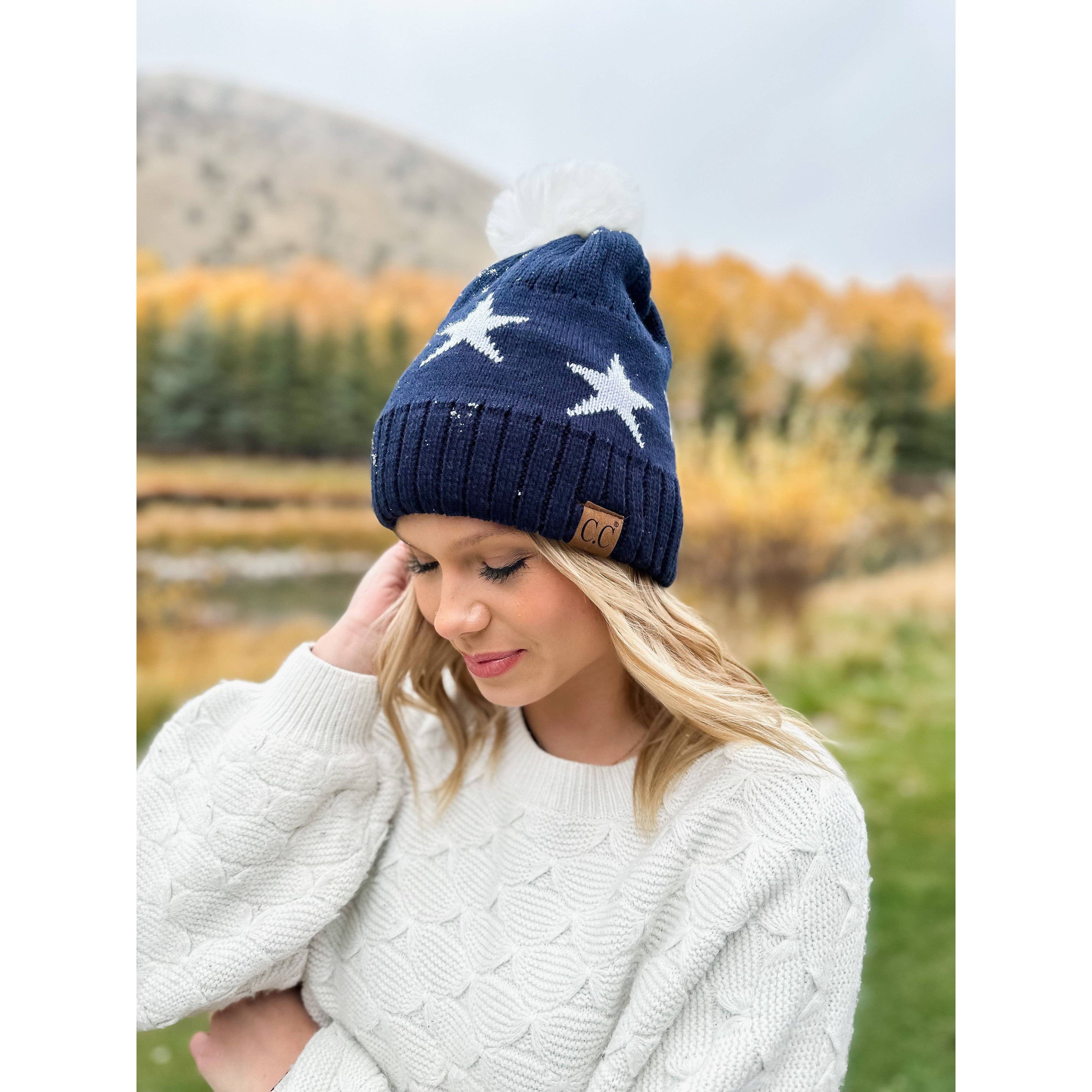 Navy Star Print Pom Beanie