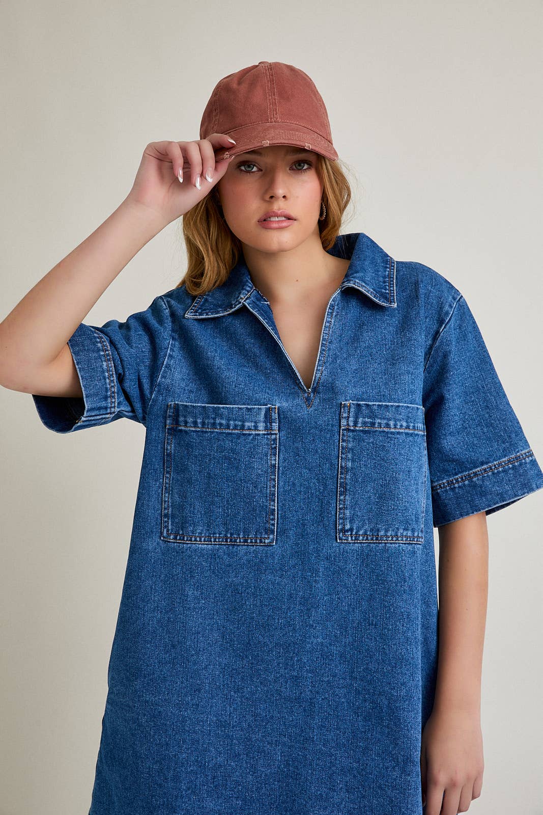Denim V Neck Mini Dress