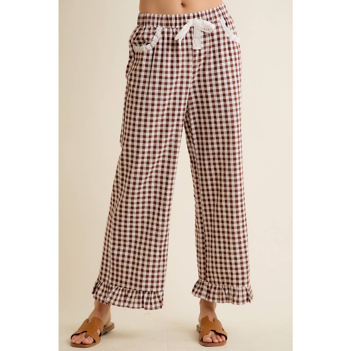 Brown Gingham Lace Pants
