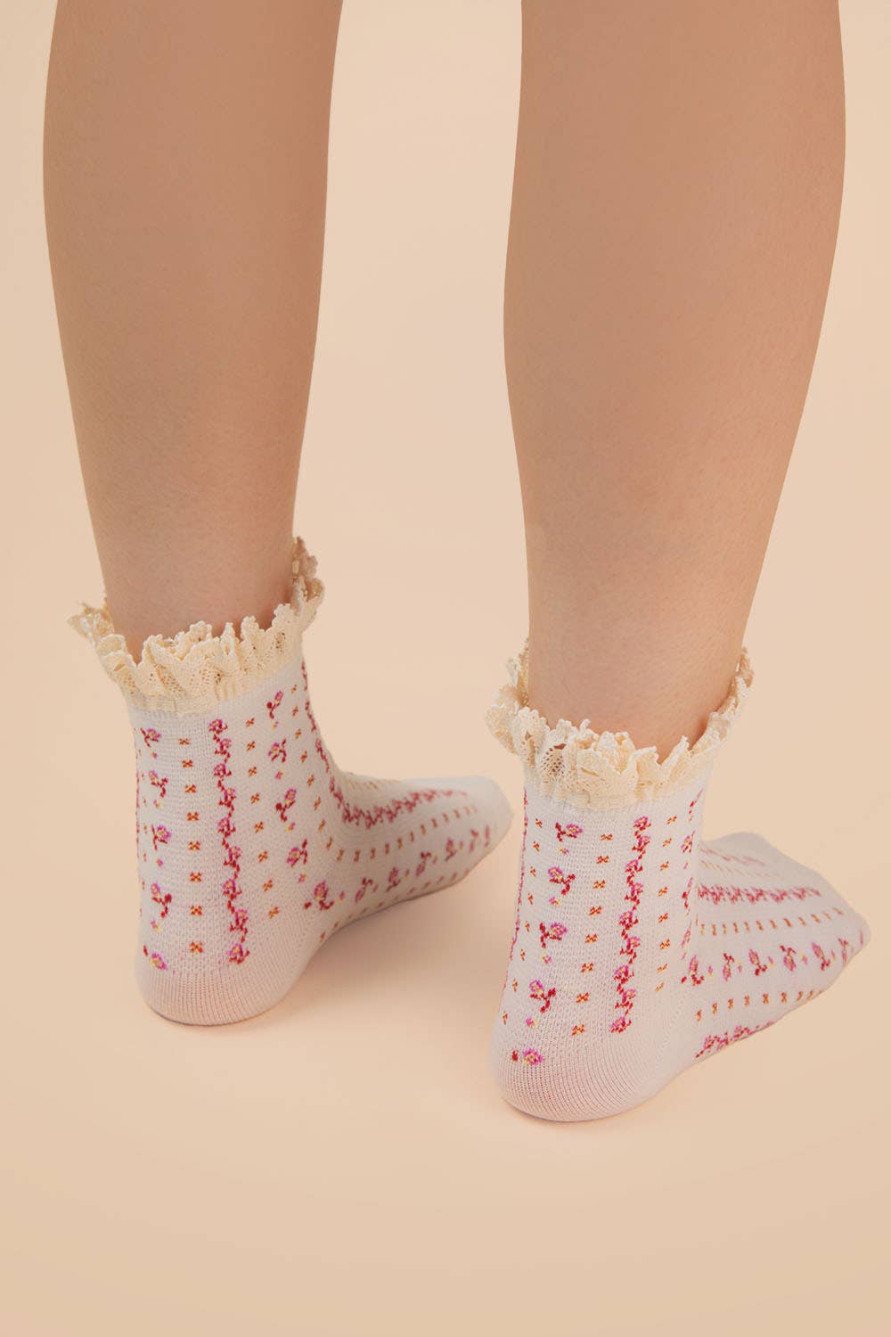 White Lace Trim Floral Crew Socks
