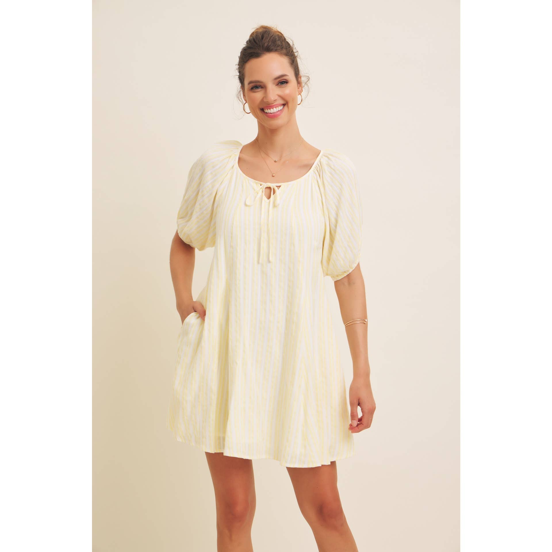 Lemon Textured Stripe Flare Dress